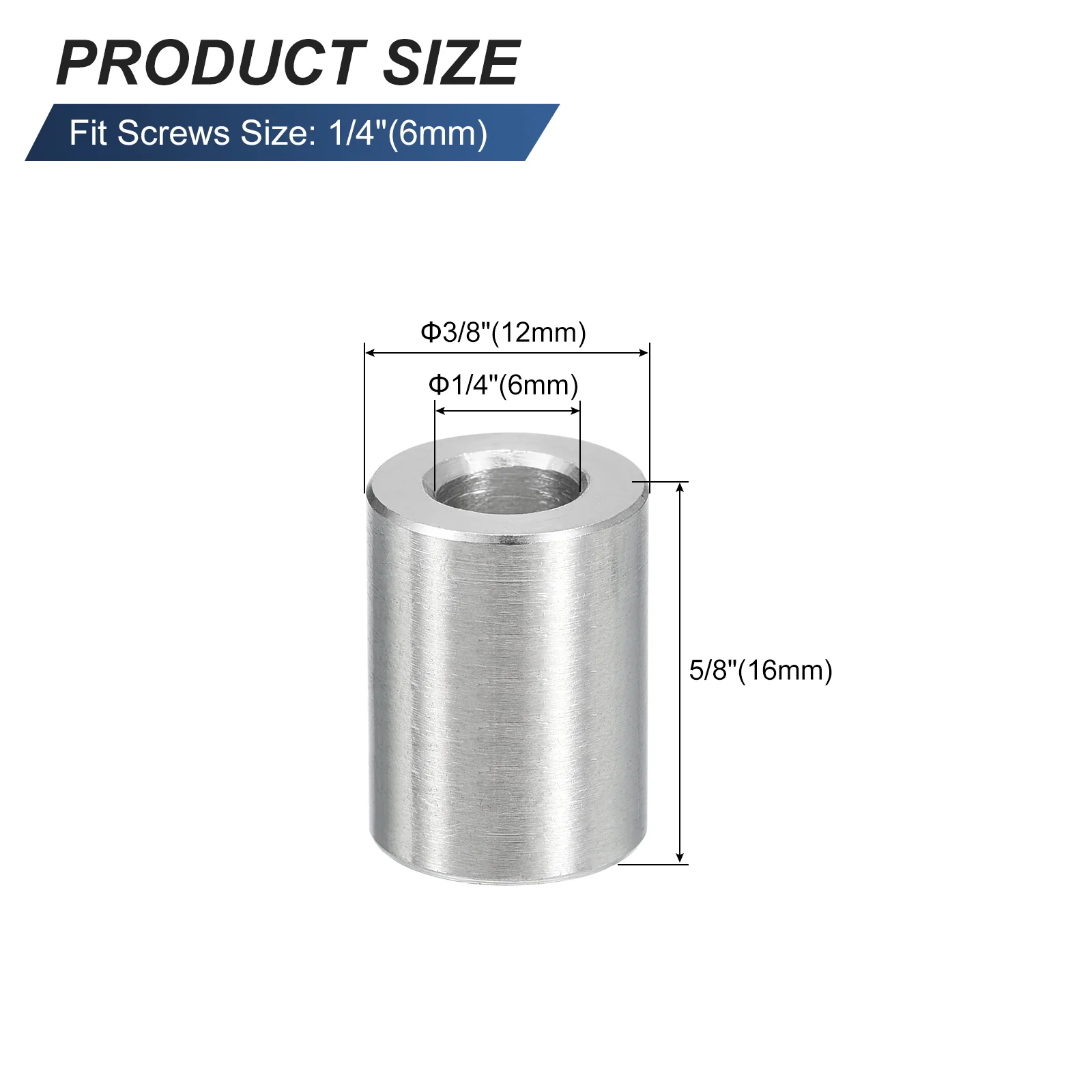 Uxcell 10 Pcs Stainless Steel Spacers, 6mm ID x 12mm OD x 16mmL 304 Stainless Steel Bushing Screw Standoff Unthreaded Round Spacer for 1/4" or M6 Screws Bolts Nuts - Image 2