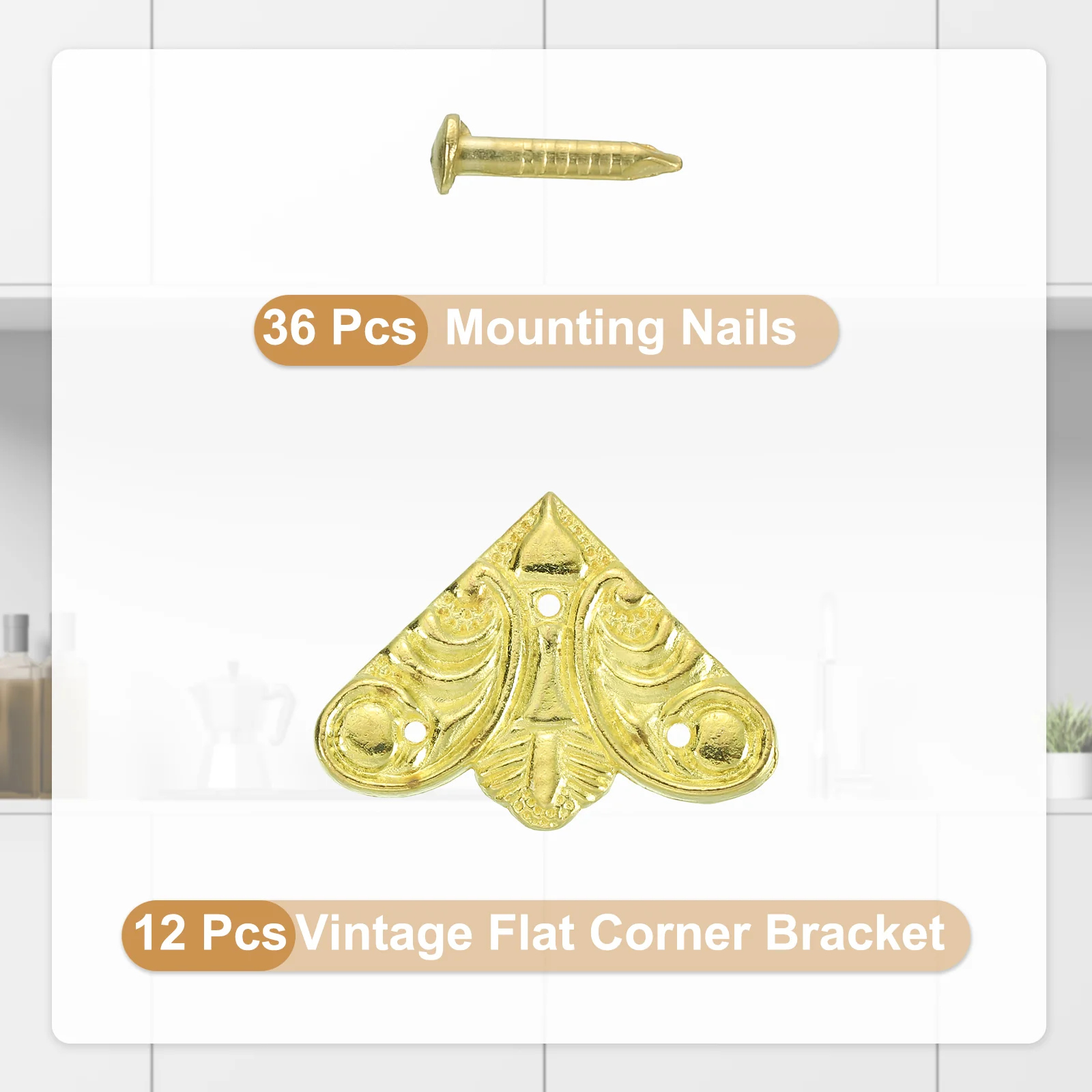Uxcell 12Pcs 1.1" x 1.1" Vintage Flat Corner Bracket with Mounting Nail, Gold - Image 3