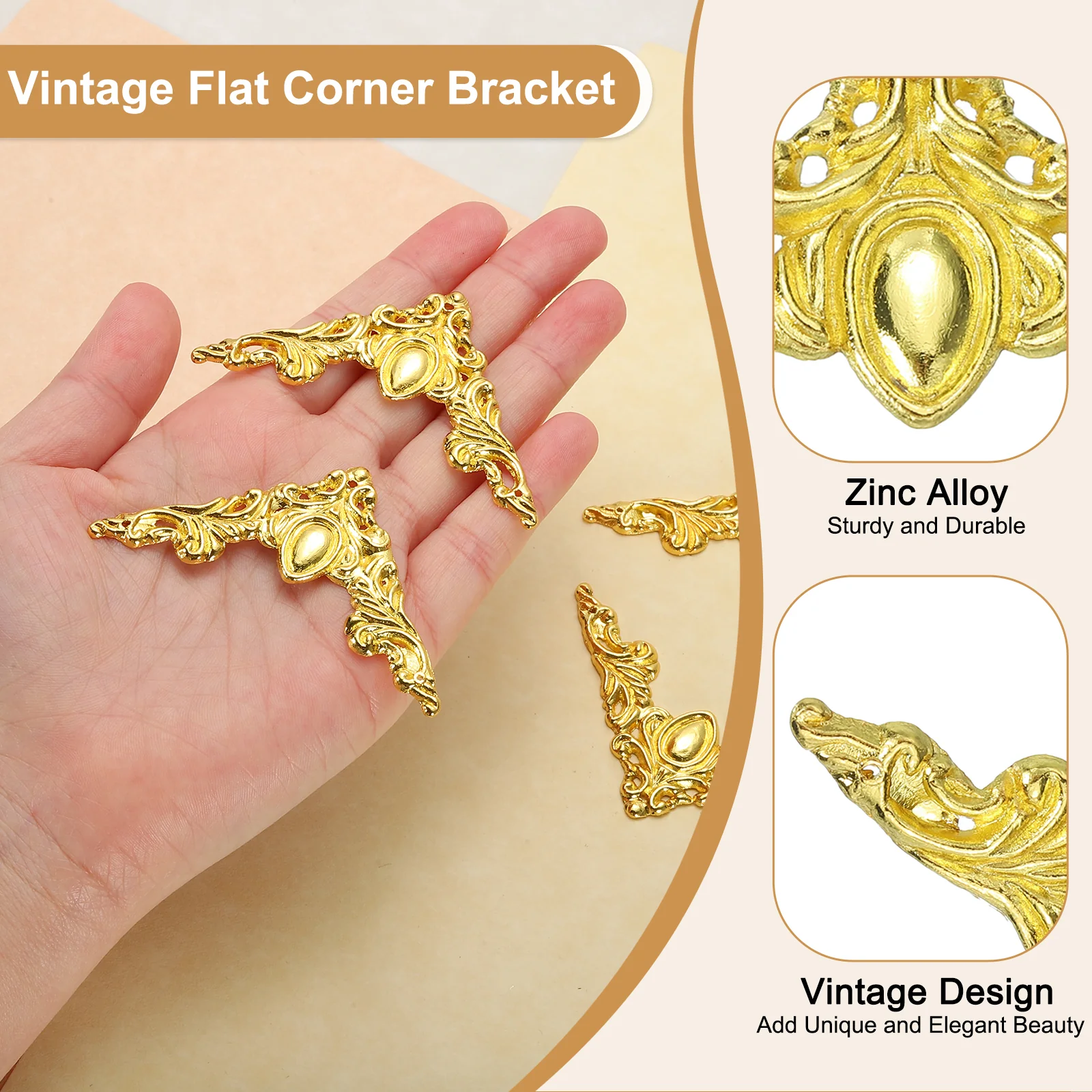 Uxcell 4Pcs 2" x 2" Vintage Flat Corner Bracket with Mounting Nail, Gold - Image 4