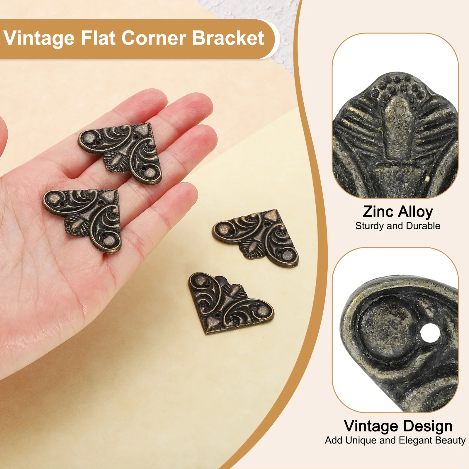 Uxcell 4Pcs 1.1" x 1.1" Vintage Flat Corner Bracket with Mounting Nail, Bronze - Image 4