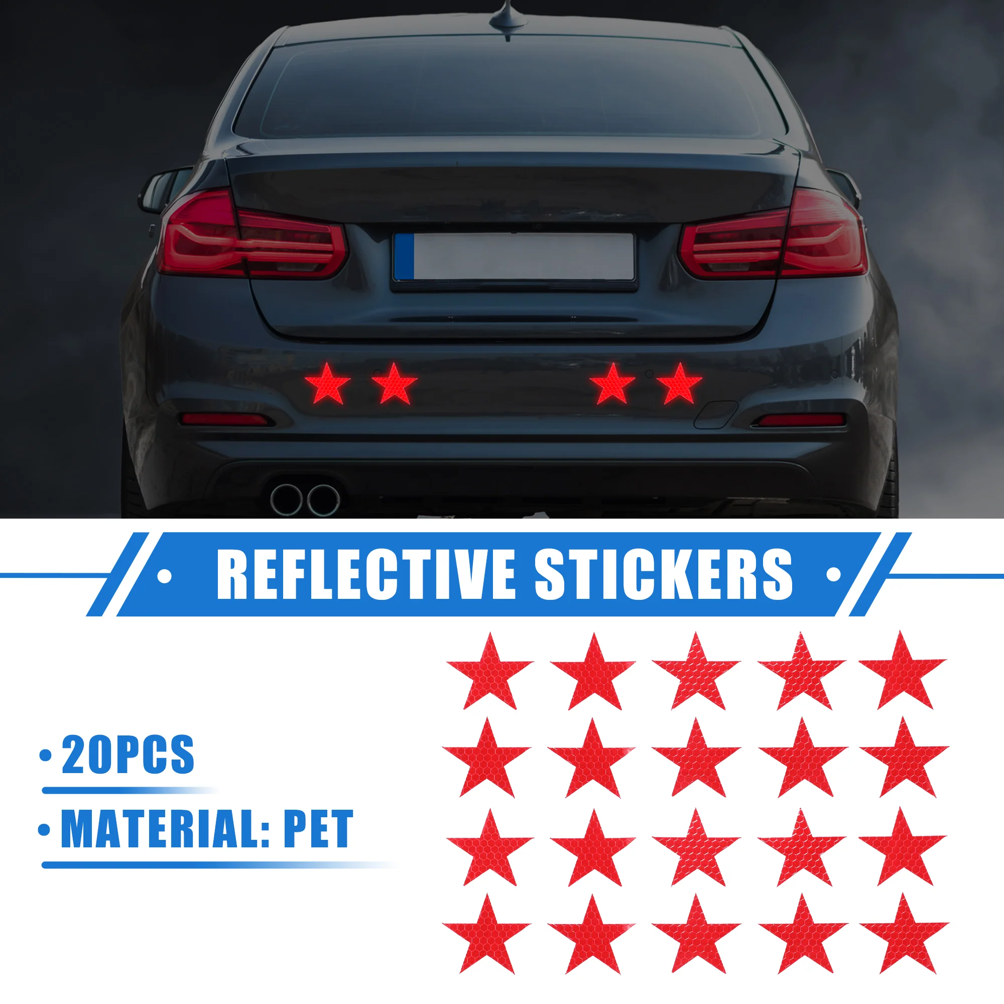 20 Pcs Reflective Stickers, 1.97"x1.89" Star Shape Safety Tape Reflector Universal for Cars Trucks Trailers Waterproof PET Red - Image 2