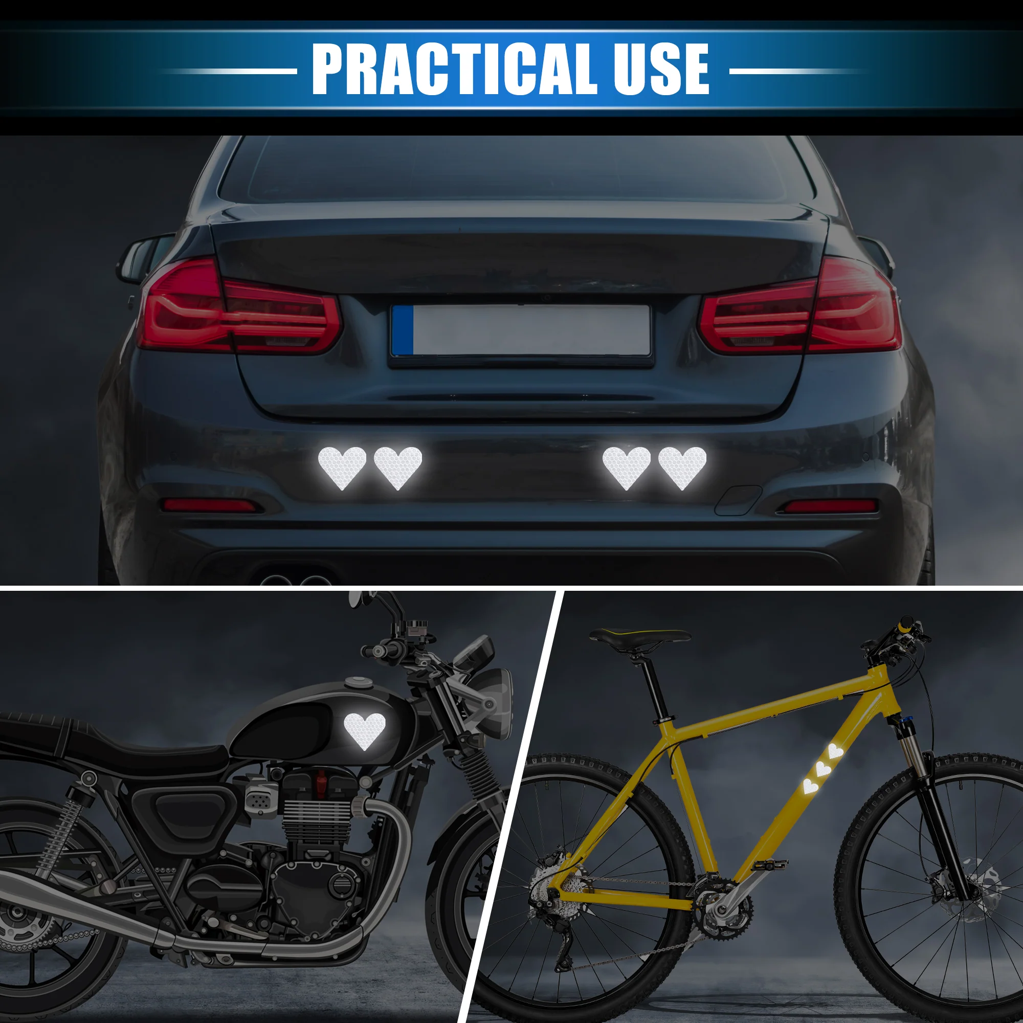 20 Pcs Reflective Stickers, 1.93"x1.73" Heart Shape Safety Tape Reflector Universal for Cars Trucks Trailers Waterproof PET White - Image 3