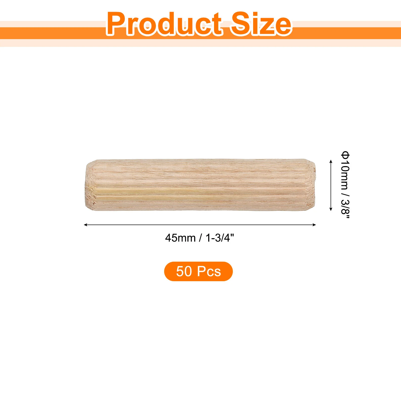 Uxcell 50Pcs 3/8" x 1-3/4" Wooden Dowel Pins, Furniture Woodwork Grooved Fluted Pin - Image 2