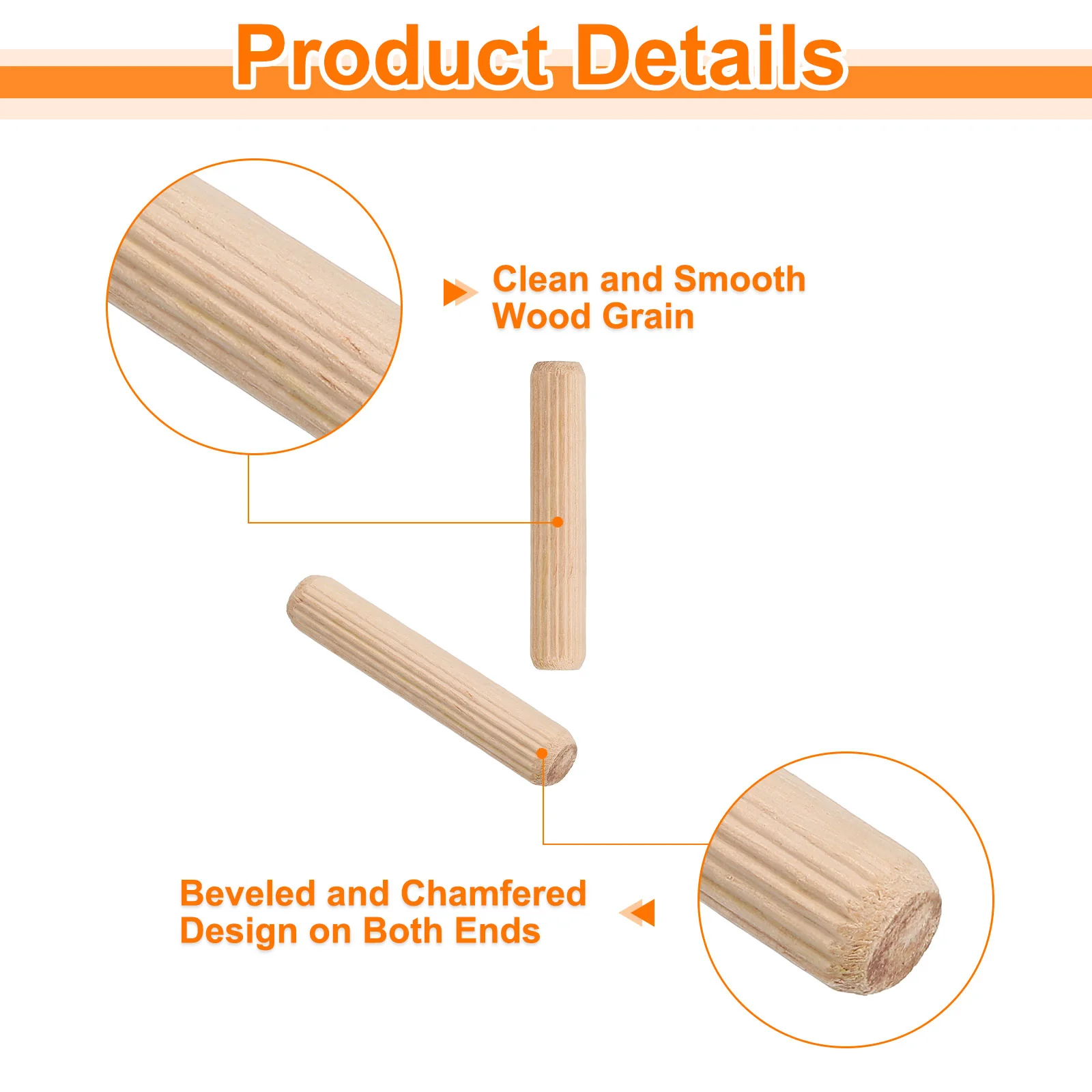 Uxcell 100Pcs 3/8" x 2-3/16" Wooden Dowel Pins, Furniture Woodwork Grooved Fluted Pin - Image 3