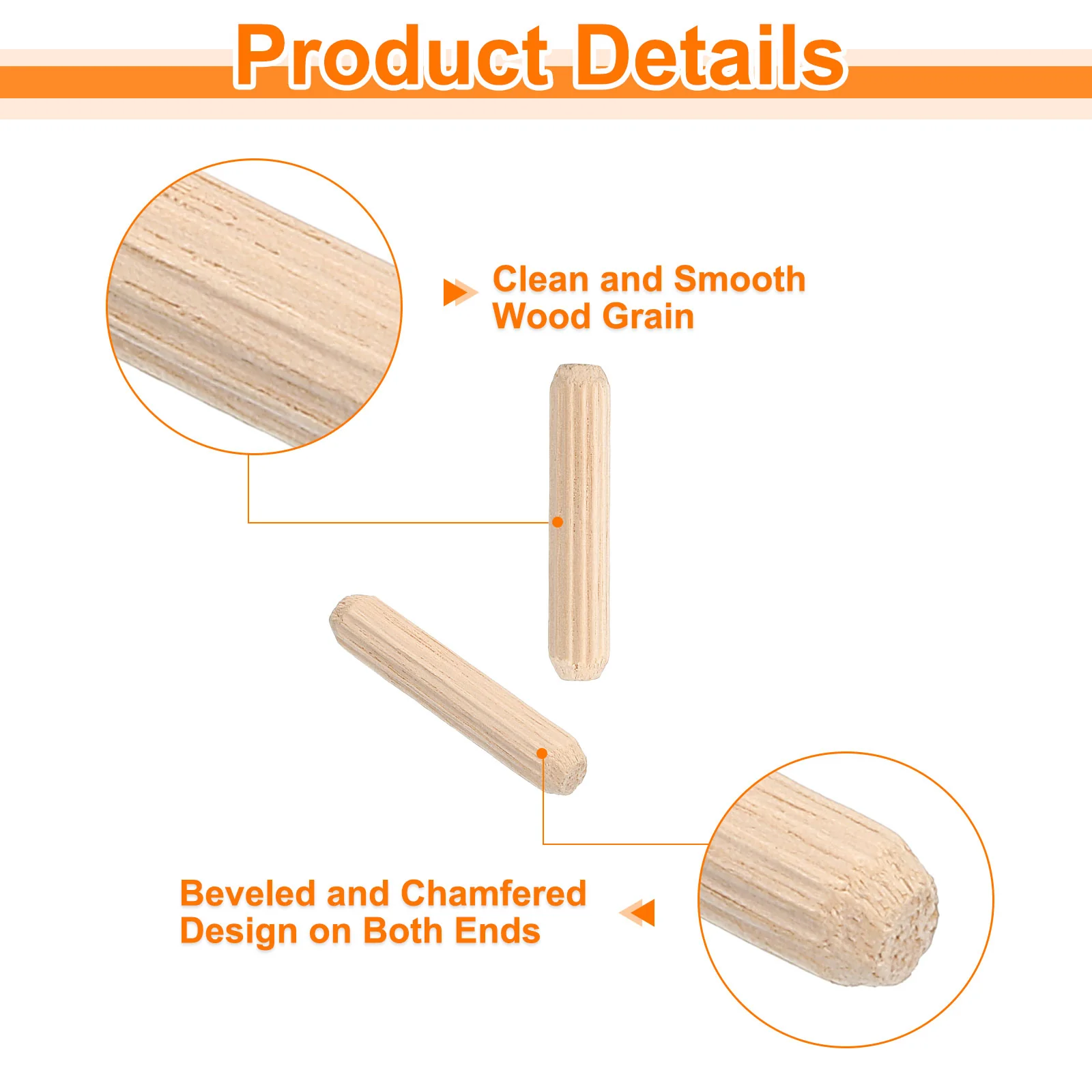 Uxcell 400Pcs 1/4" 5/16" 3/8" Wooden Dowel Pins, Furniture Woodwork Grooved Fluted Pin - Image 3