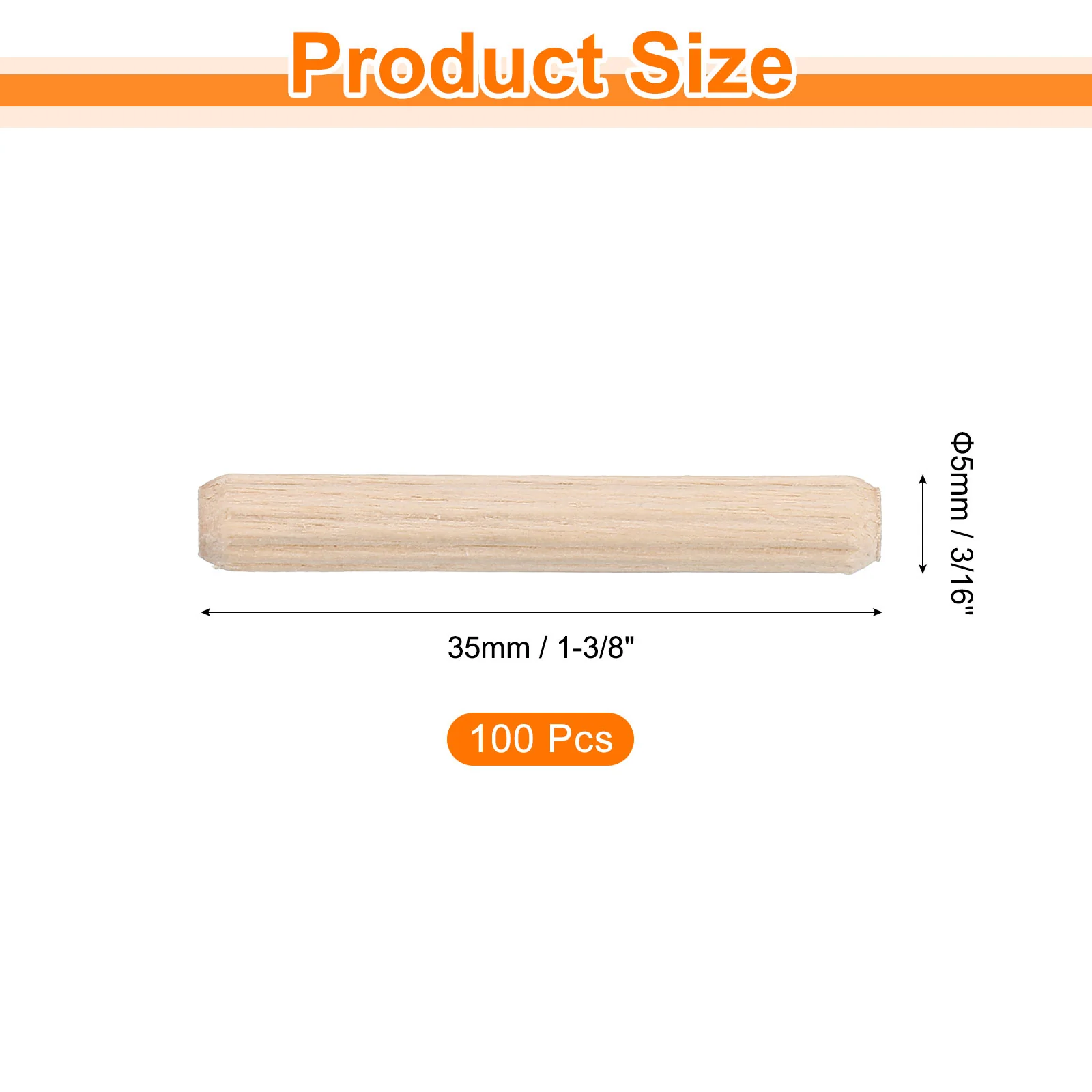 Uxcell 100Pcs 3/16" x 1-3/8" Wooden Dowel Pins, Furniture Woodwork Grooved Fluted Pin - Image 2