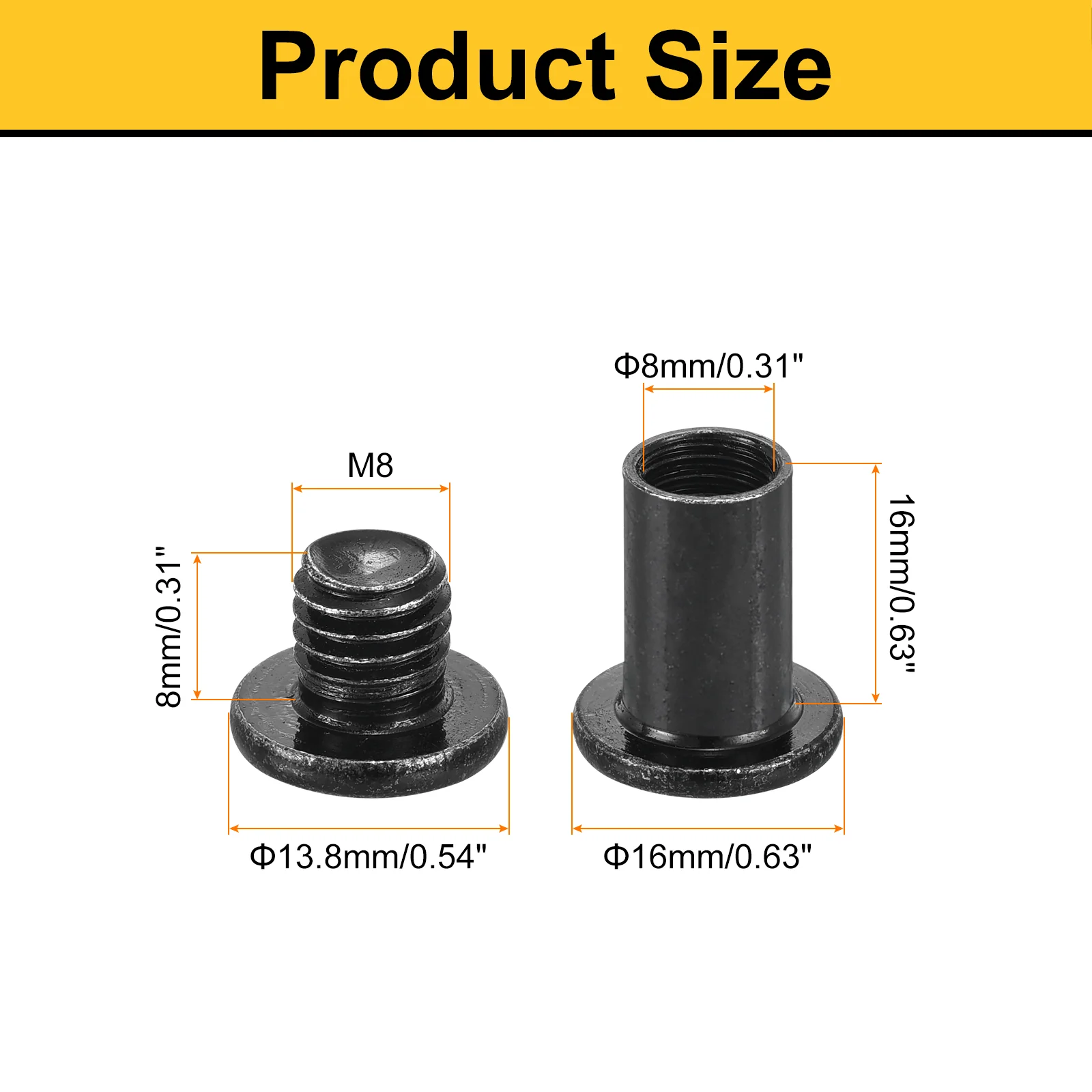 Uxcell 20 Sets Screw Post, Male M8x8mm Stainless Steel Screw Rivets, Female 10x16 Hex Drive Binding Screws Belt Buckle Binding Bolts Leather Fastener with 1Pcs Wrench, Black - Image 2