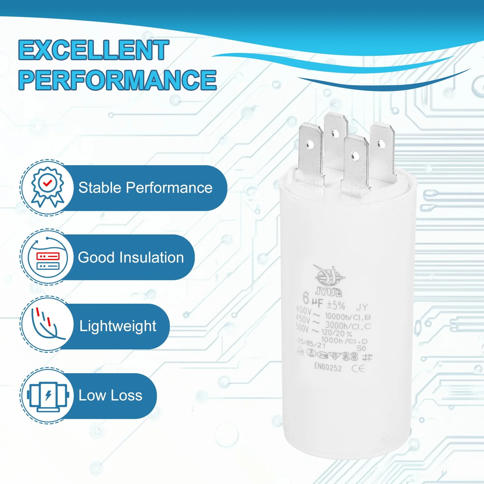 CBB60 6uF Run Capacitor,1 Pcs AC450V 4 Pin Double Insert with Sheath Spring - Image 4