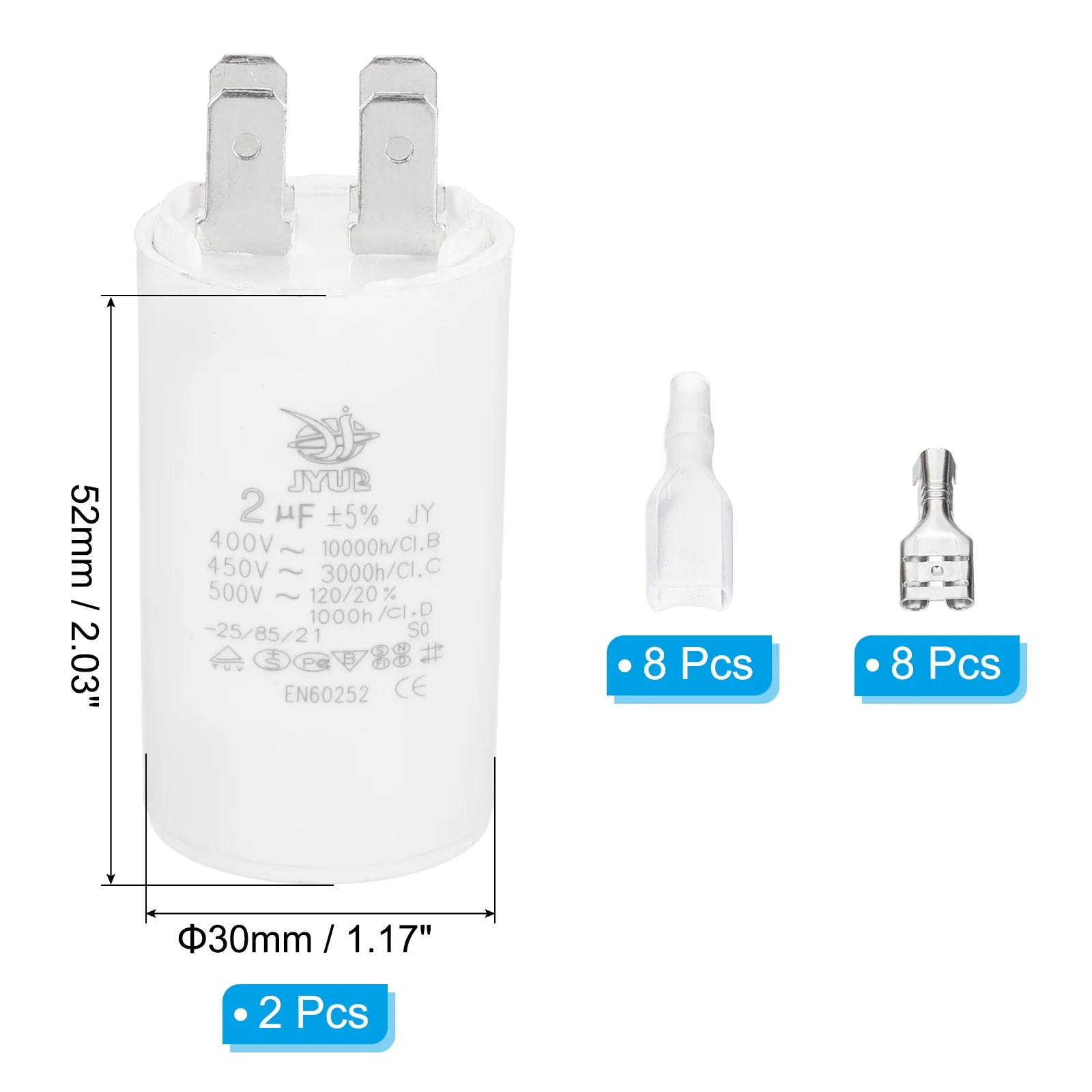 CBB60 2uF Run Capacitor,2 Pcs AC450V 4 Pin Double Insert with Sheath Spring - Image 2
