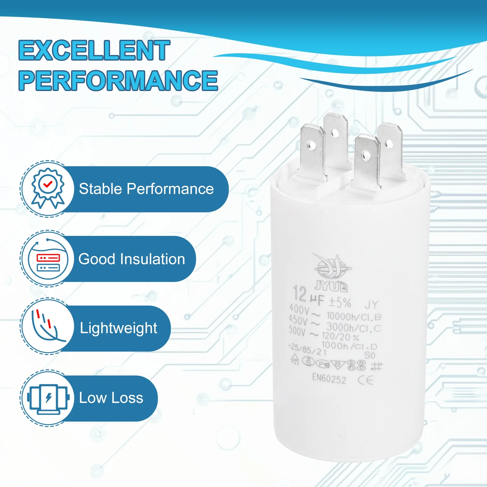 CBB60 12uF Run Capacitor,1 Pcs AC450V 4 Pin Double Insert with Sheath Spring - Image 4