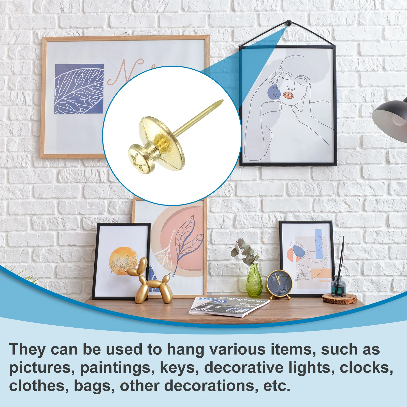 Uxcell 30 Pcs Double Headed Picture Hanging Nail, Zinc Alloy Push Pins Picture Hangers Double Headed Thumb Tacks for Hanging Pictures, Gold - Image 5