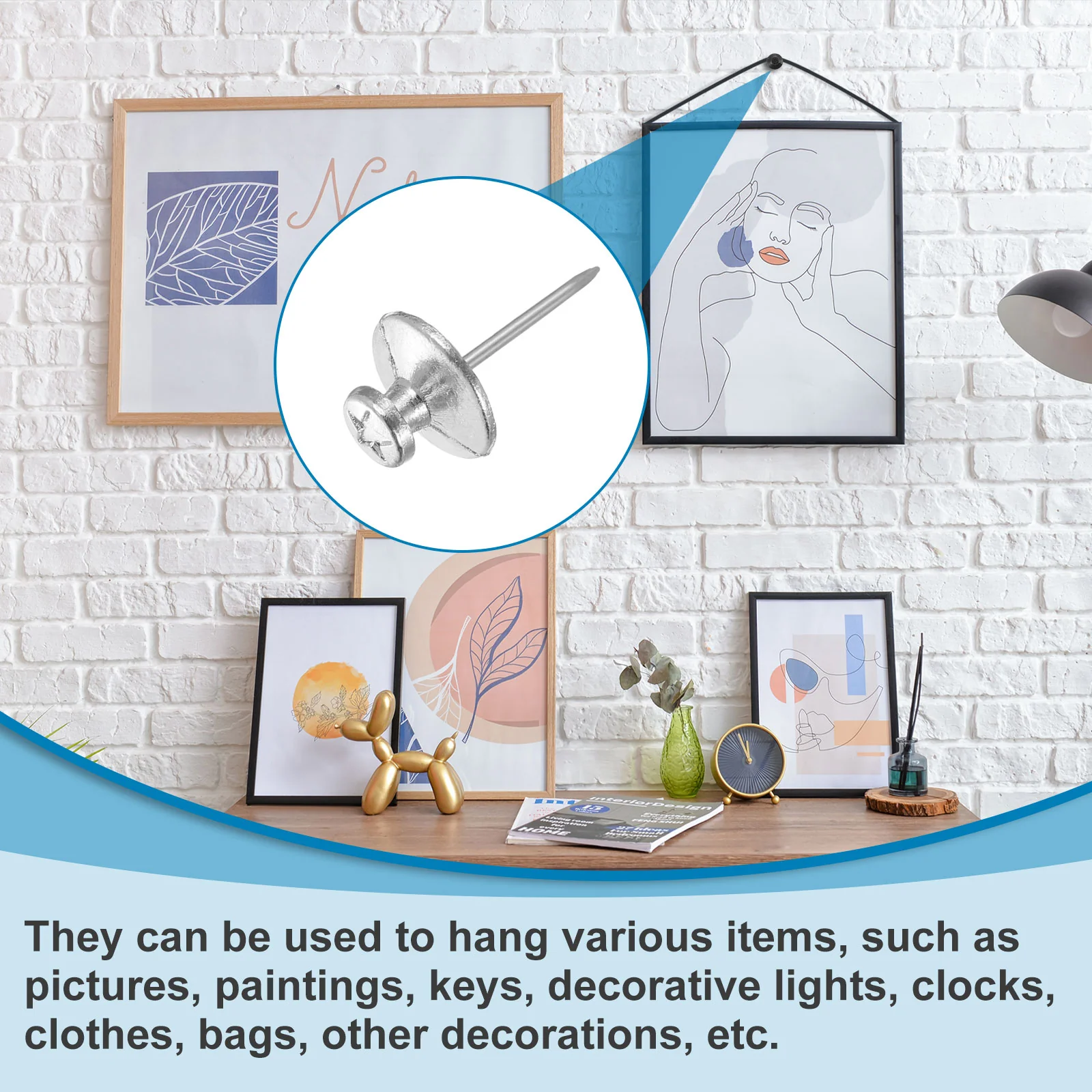 Uxcell 20 Pcs Double Headed Picture Hanging Nails, Zinc Alloy Thumb Tacks, Silver - Image 5