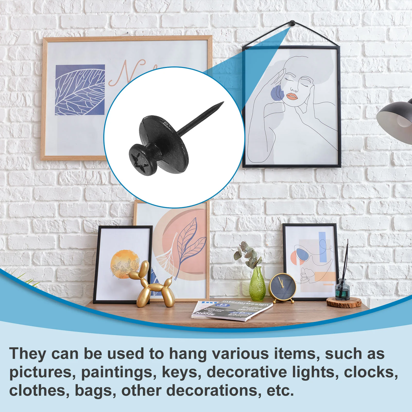 Uxcell 20 Pcs Double Headed Picture Hanging Nail, Zinc Alloy Push Pins Picture Hangers Double Headed Thumb Tacks for Hanging Pictures, Black - Image 5