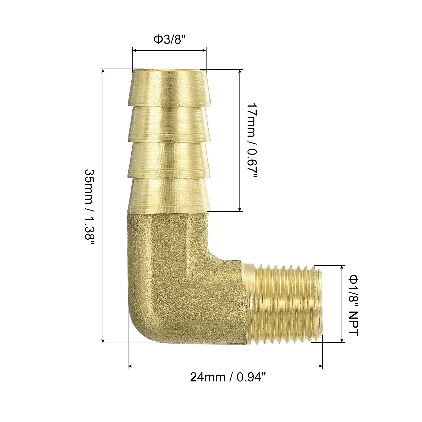 Uxcell Brass Hose Barbed Elbow Fitting 2pcs 3/8" Barb x 1/8" NPT Male 90 Degree Brass Barb Pipe Fitting for Water Fuel Air - Image 2