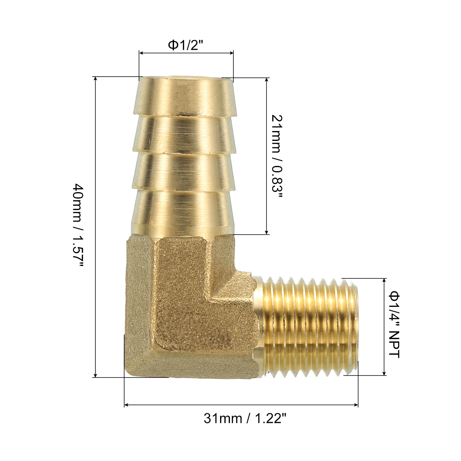 Uxcell Brass Hose Barbed Elbow Fitting 2pcs 1/2" Barb x 1/4" NPT Male 90 Degree Brass Barb Pipe Fitting for Water Fuel Air - Image 2