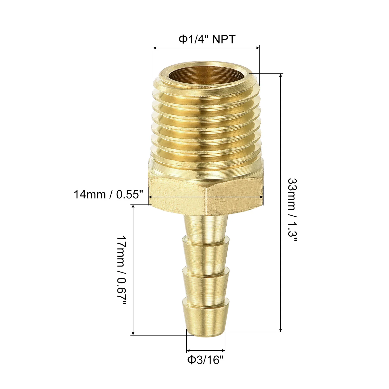 Uxcell Brass Hose Barb Fittings 2pcs 3/16" Barb x 1/4" NPT Male Brass Barb Pipe Fitting for Water Fuel Air - Image 2