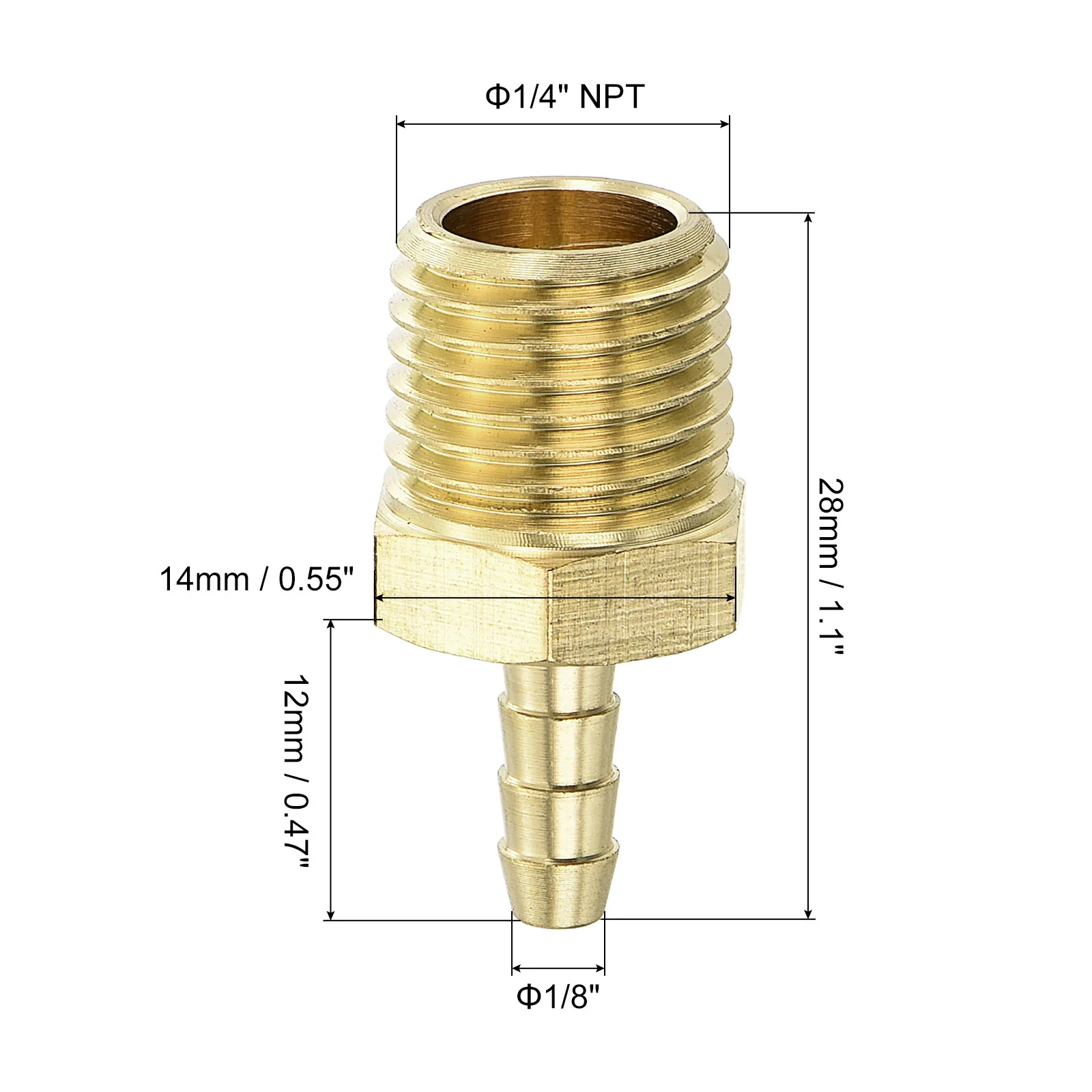 Uxcell Brass Hose Barb Fittings 2pcs 1/8" Barb x 1/4" NPT Male Brass Barb Pipe Fitting for Water Fuel Air, Connect Pipes - Image 2