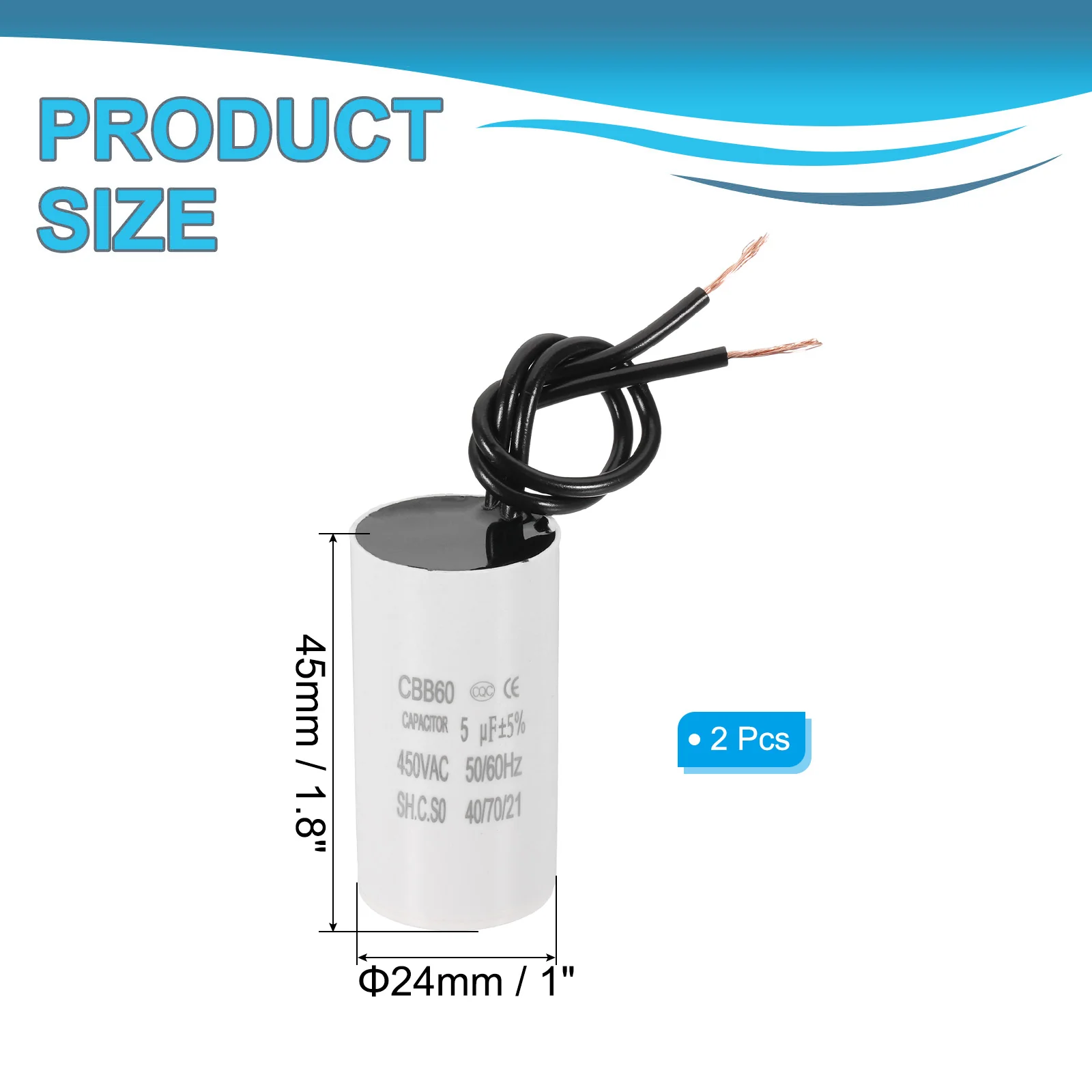2 Pcs 5uF CBB60 Running Capacitor with 2 Wires, AC 450V Start Up Motor with Frequency of 50Hz/60Hz for Refrigerators, Washing Machines, Water Pumps, Air Compressors Pumps - Image 2