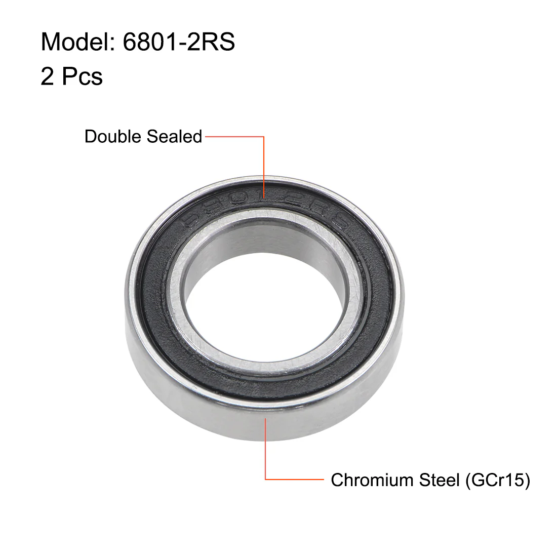 Uxcell 6801-2RS Deep Groove Ball Bearings 12mm x 21mm x 5mm Double Sealed Chrome Steel P6(ABEC3) 2pcs - Image 2