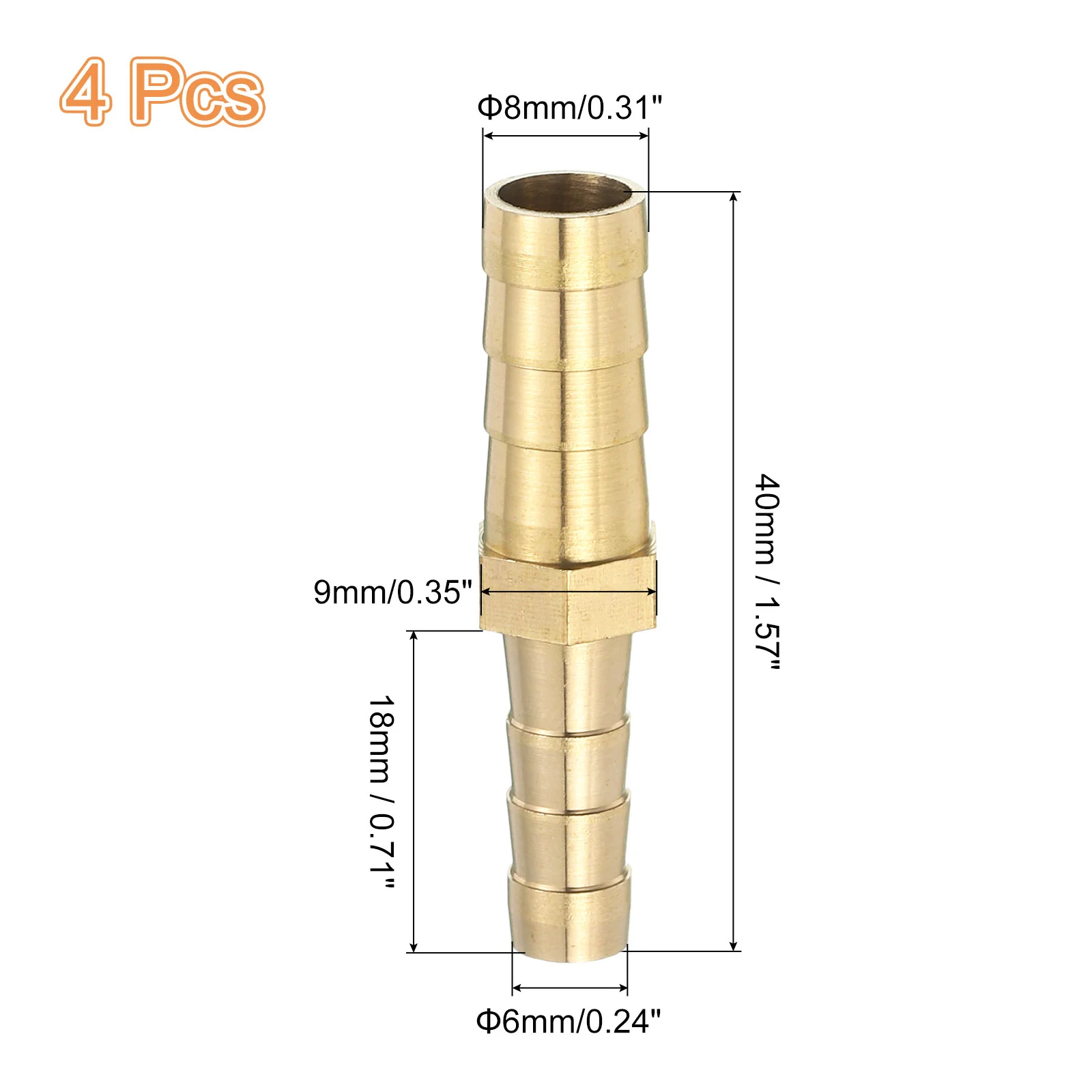 Uxcell 4Pcs Brass Hose Barb Fitting Straight Connector Coupler, 5/16"x1/4" ID - Image 2