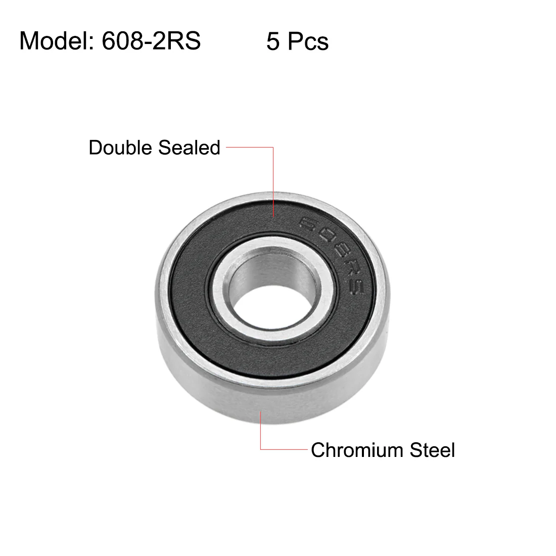 Uxcell 608-2RS Deep Groove Ball Bearings 8mm x 22mm x 7mm Double Sealed Chrome Steel Z2 5pcs - Image 2