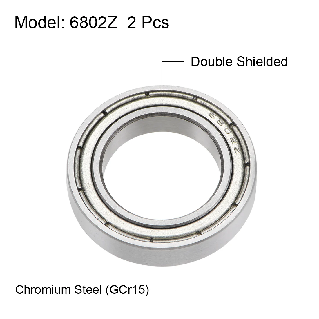 Uxcell 6802ZZ Deep Groove Ball Bearings 15mm x 24mm x 5mm Double Shielded Chrome Steel Z2 2pcs - Image 2