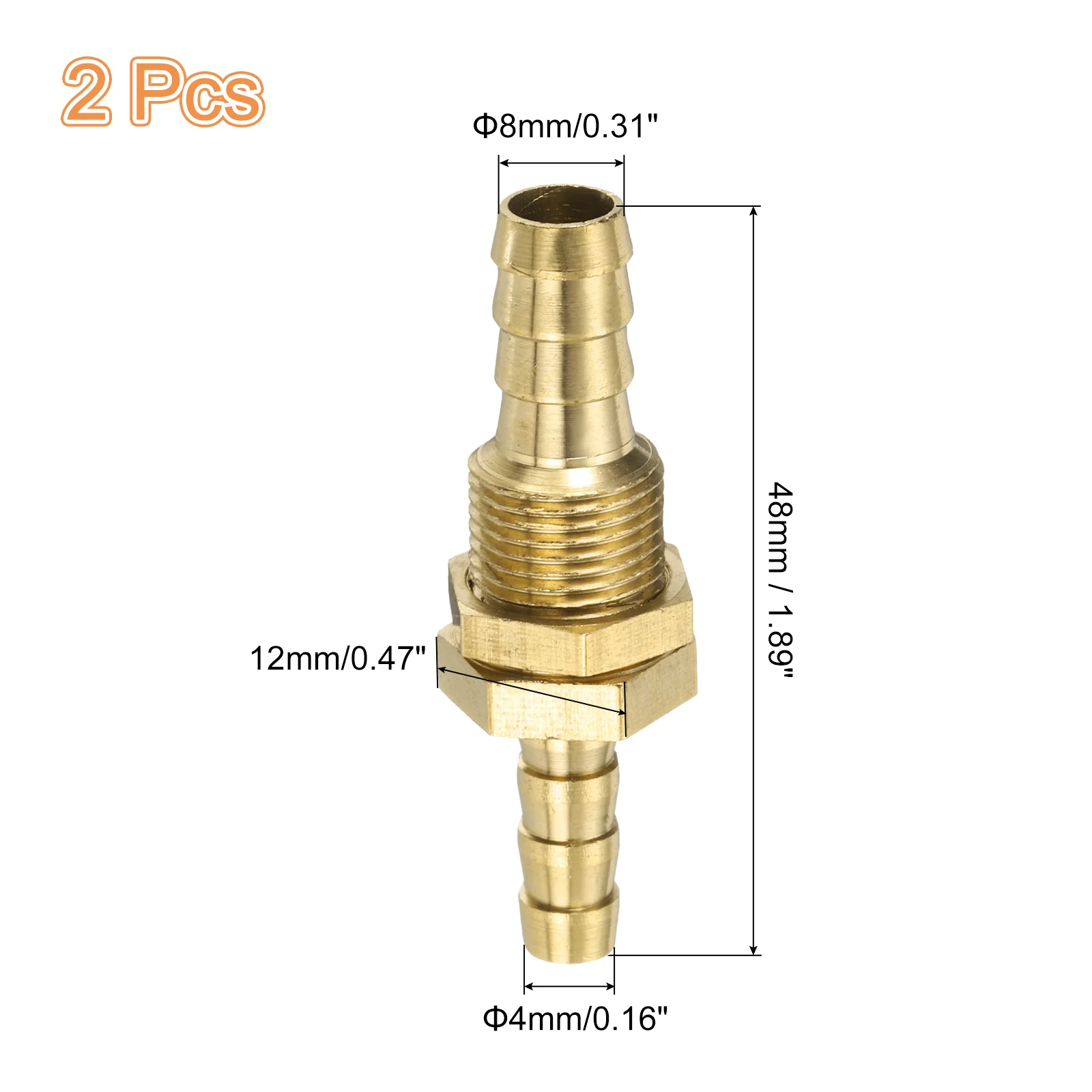Uxcell 2Pcs 1.89"x0.47" Brass Hose Barb Fitting Straight Connector Coupler 5/16"x1/4"ID - Image 2