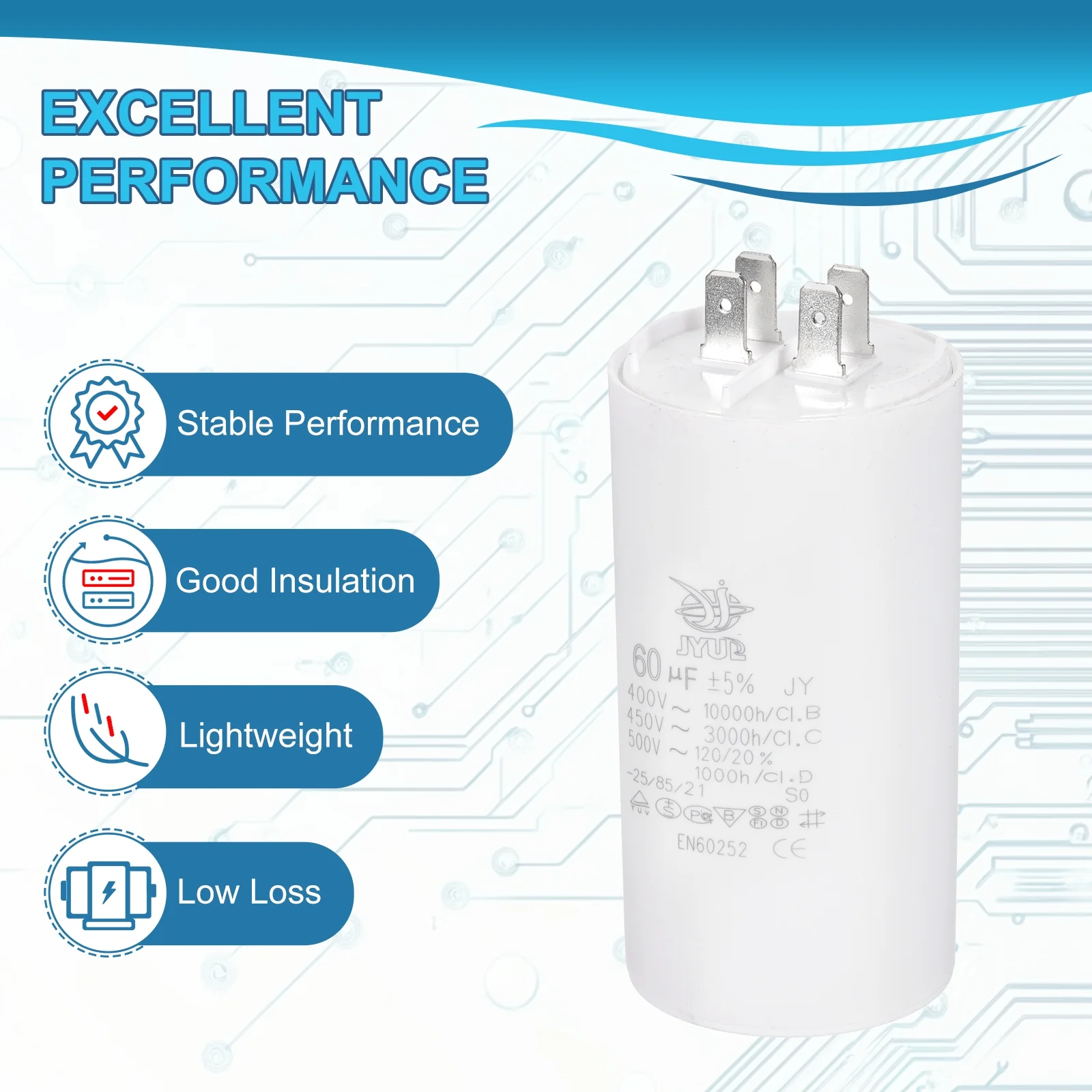 CBB60 60uF Run Capacitor,2 Pcs AC450V 4 Pin Double Insert with Sheath Spring - Image 4