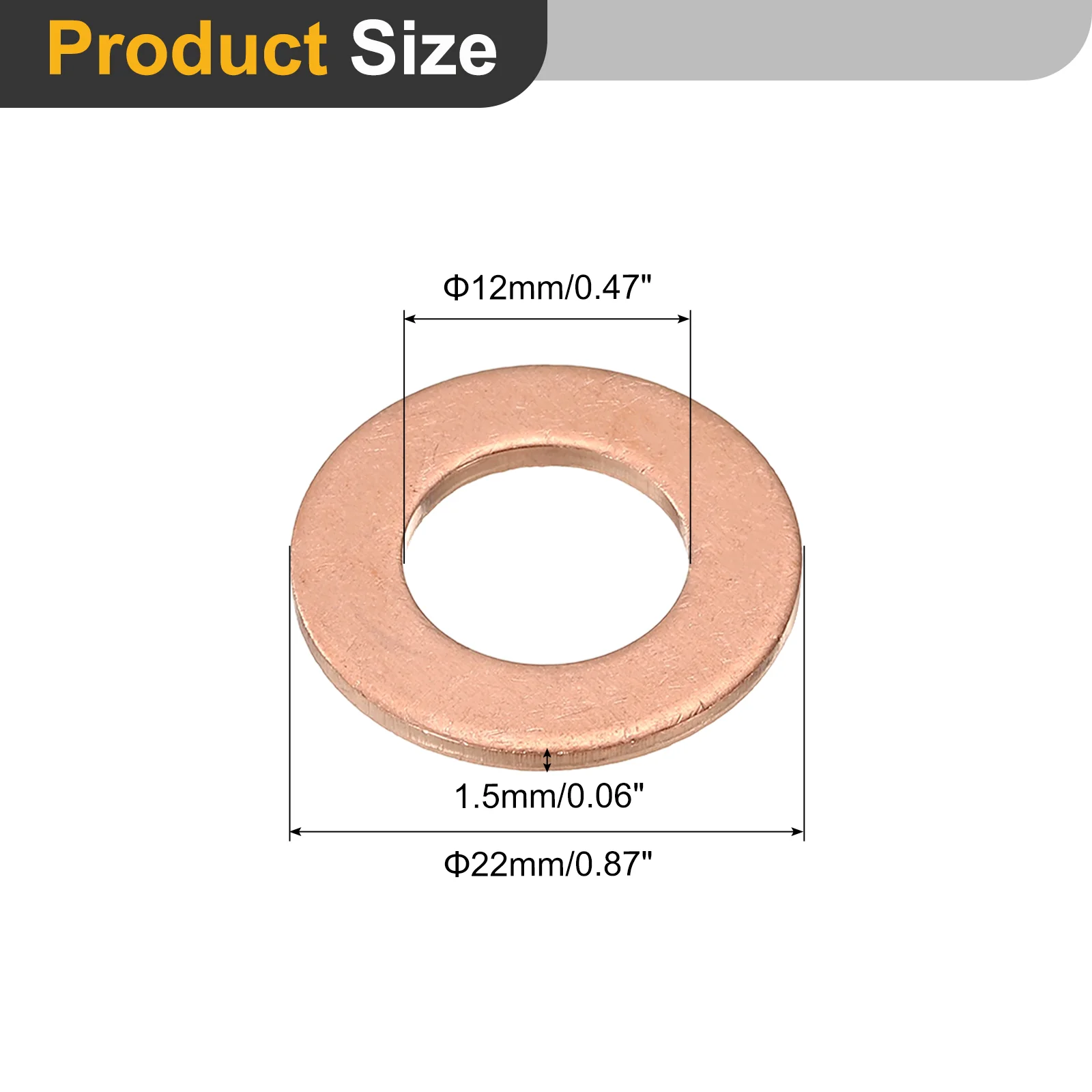 Uxcell M12 Flat Washer, 12Pcs Copper Ring Washer 22mm OD 1.5mmThick Sealing Gasket Ring - Image 2