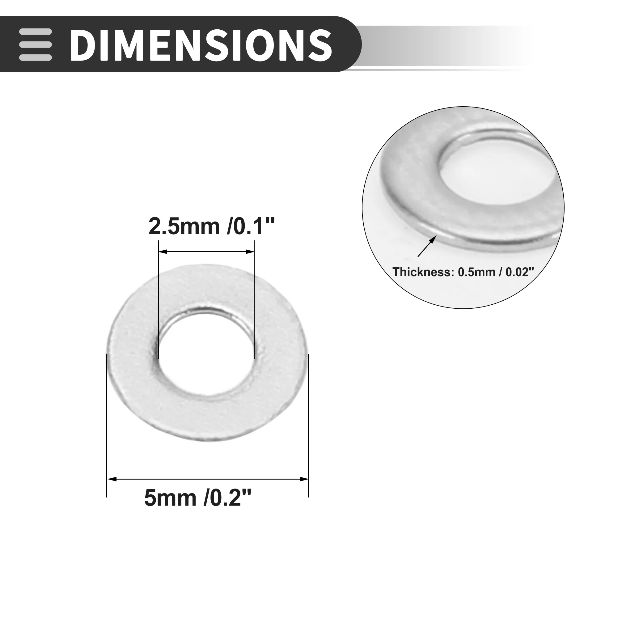 Universal Flat Washer 2.5mm ID 5mm OD 0.5mm Thickness Stainless Steel 20 Pcs - Image 4
