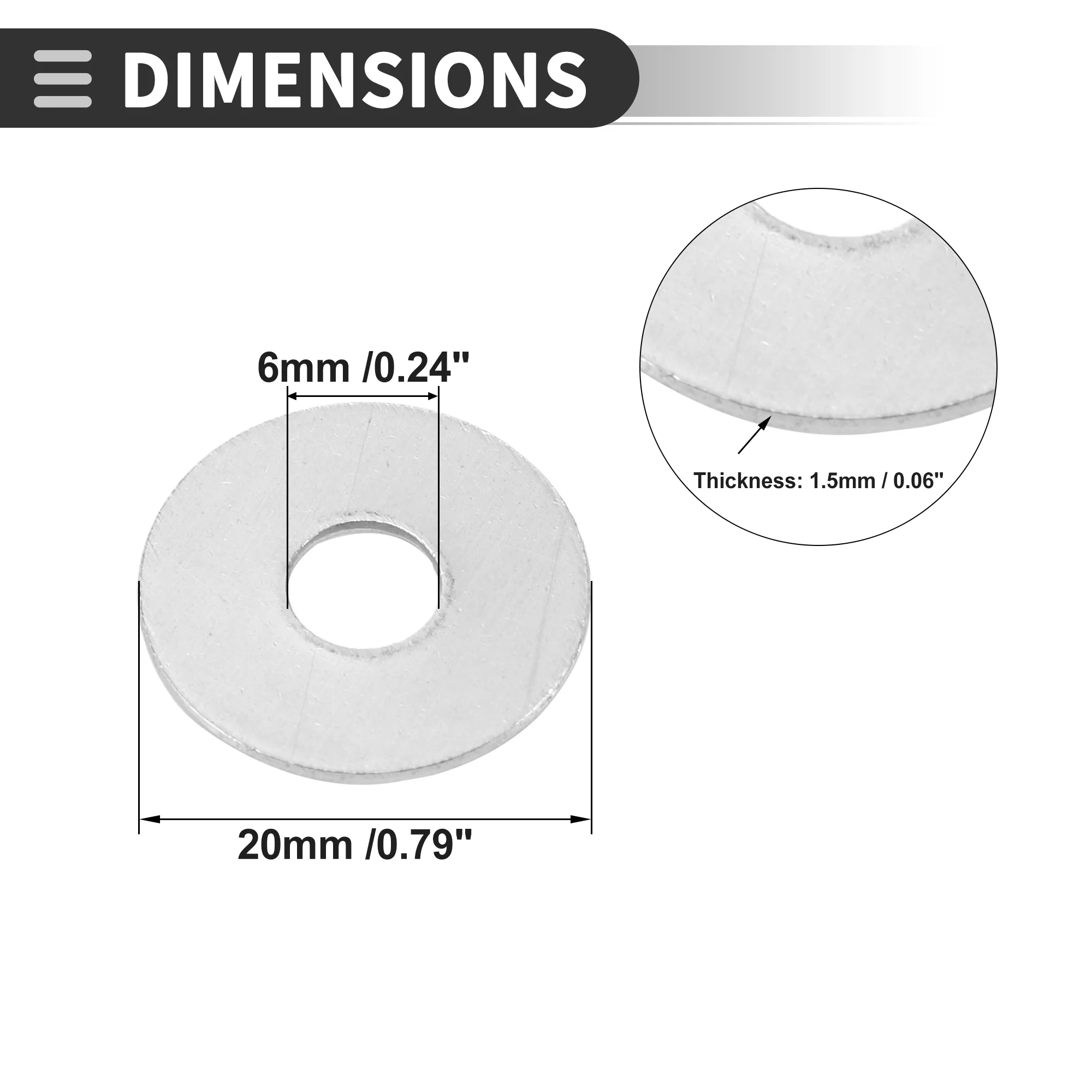 Universal Flat Washer 6mm ID 20mm OD 1.5mm Thickness Stainless Steel 20 Pcs - Image 4