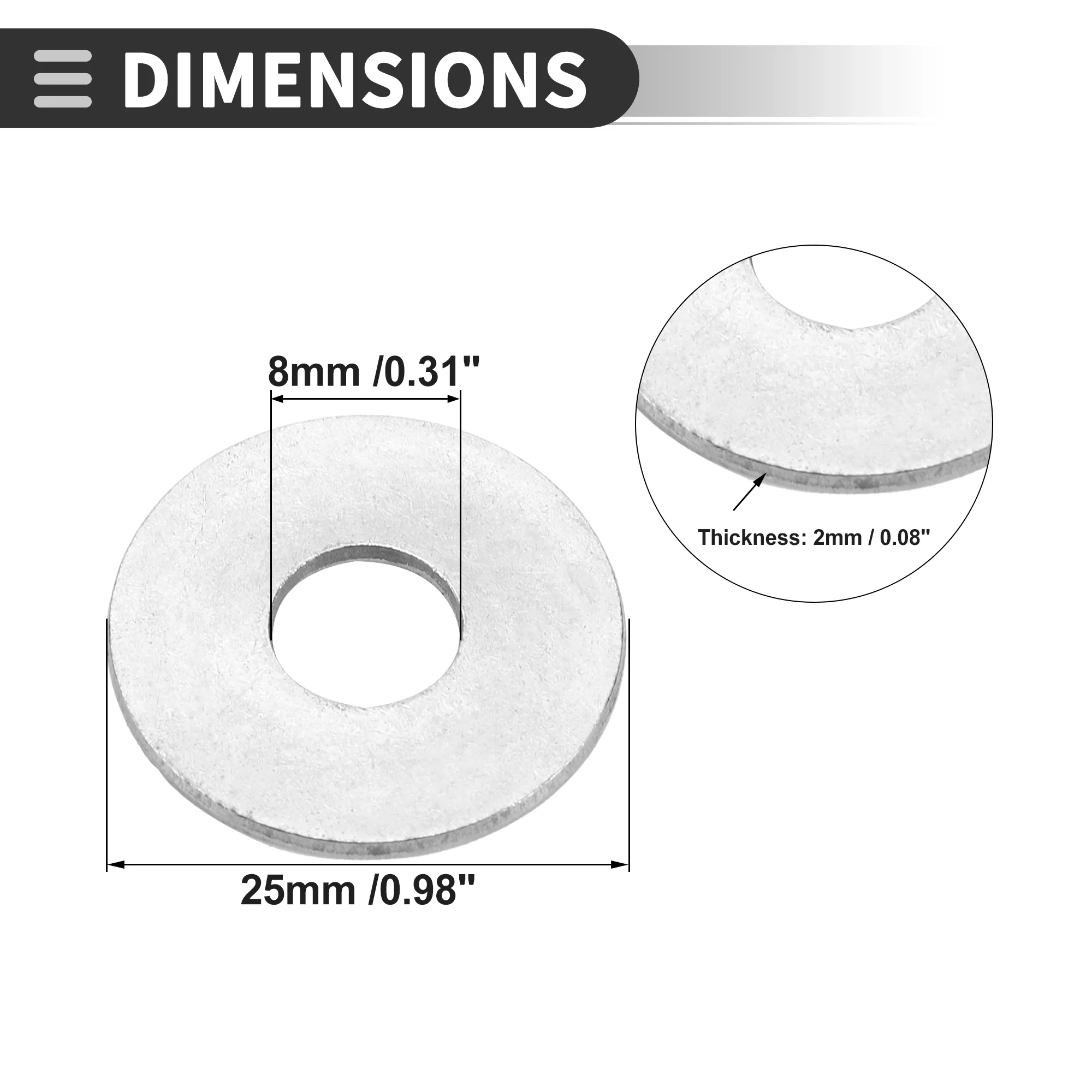 Universal Flat Washer 8mm ID 25mm OD 2mm Thickness Stainless Steel 20 Pcs - Image 4