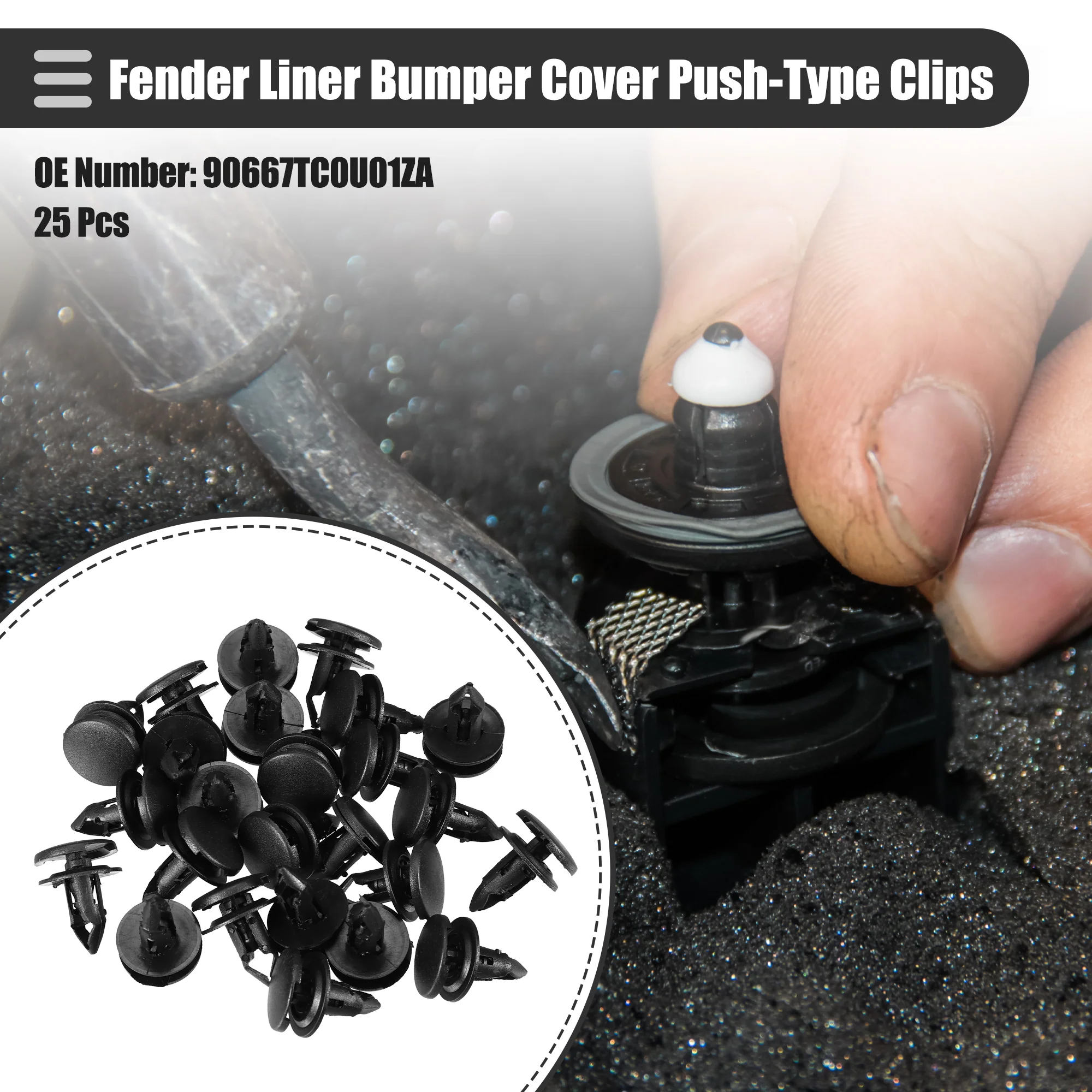 Fender Liner Bumper Cover Splash Shield Push-Type Retainers Clips, for Honda Civic 2012-2020, Plastic, No.90667TC0U01ZA, Black, 25 Pcs - Image 2