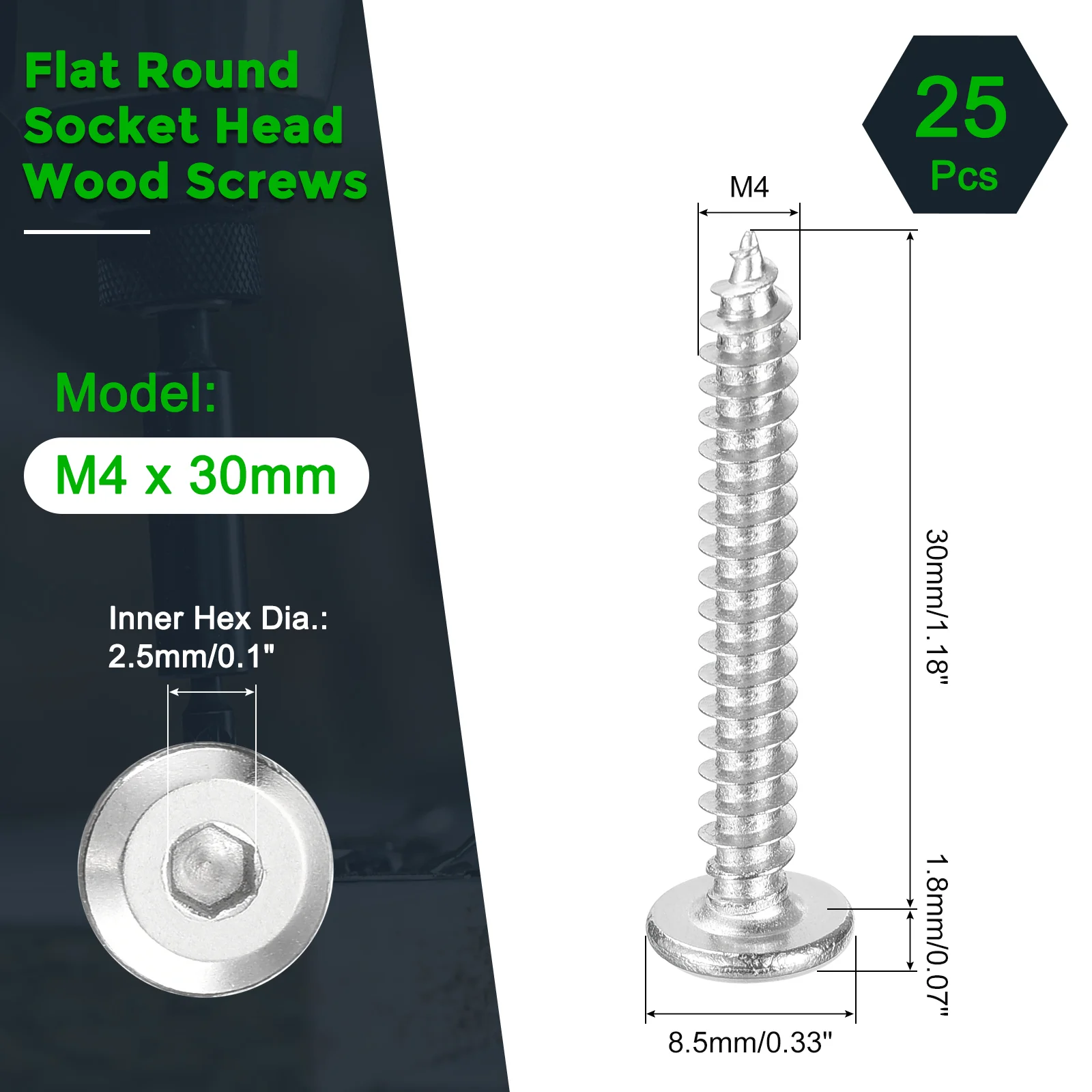Uxcell M4 x 30mm (25 Pack) 304 Stainless Steel Flat Round Socket Head Wood Screws - Image 2