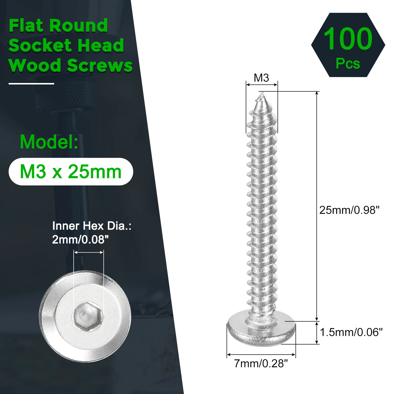 Uxcell M3 x 25mm (100 Pack) 304 Stainless Steel Flat Round Socket Head Wood Screws - Image 2