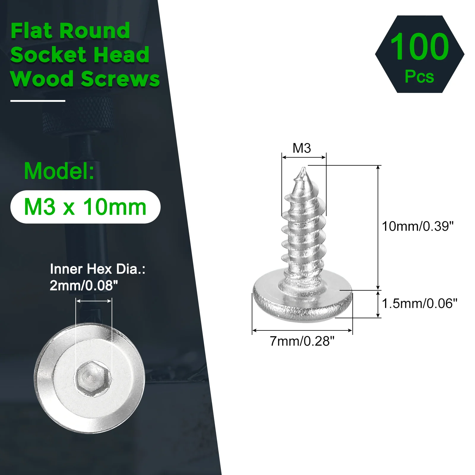 Uxcell M3 x 10mm (100 Pack) 304 Stainless Steel Flat Round Socket Head Wood Screws - Image 2