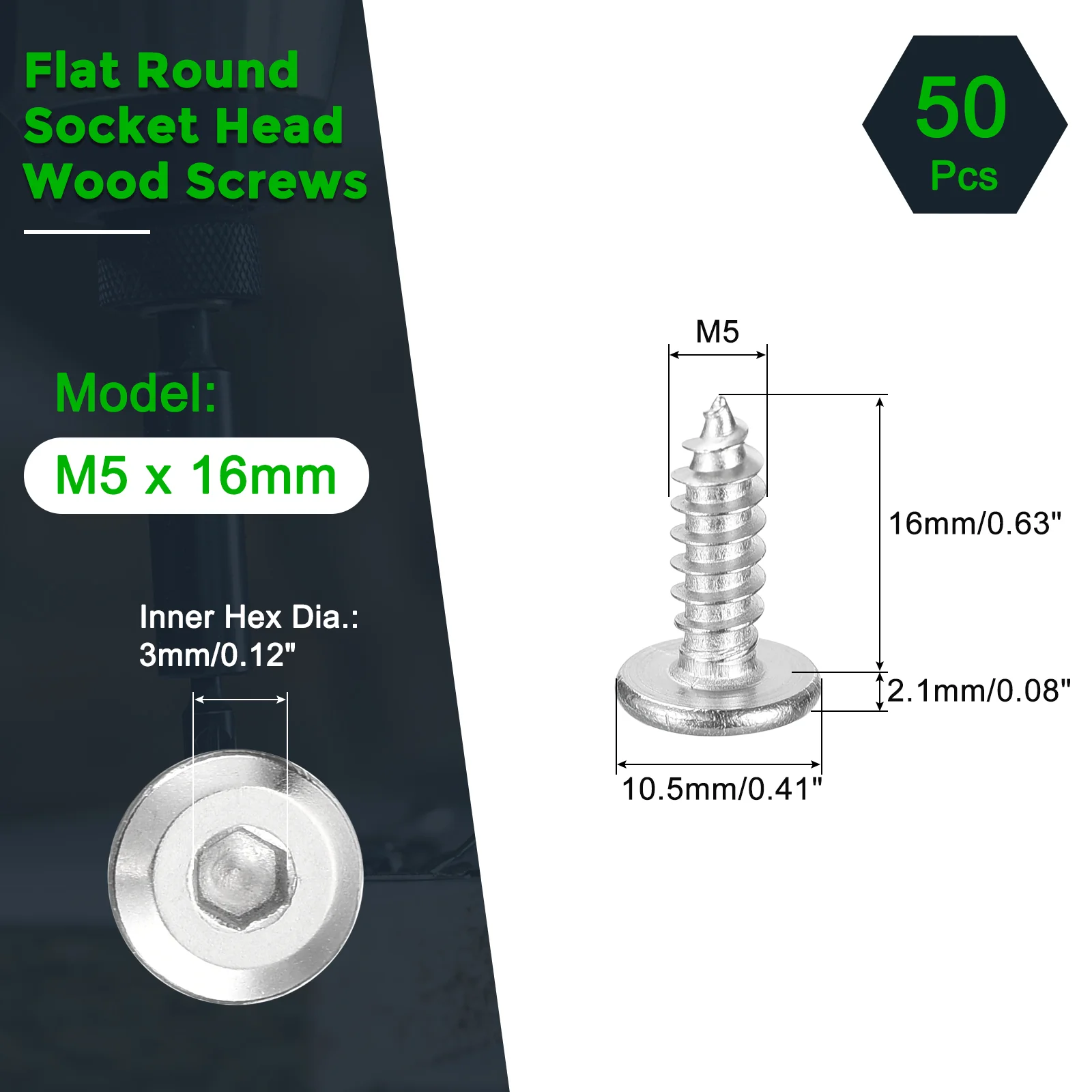 Uxcell M5 x 16mm (50 Pack) 304 Stainless Steel Flat Round Socket Head Wood Screws - Image 2