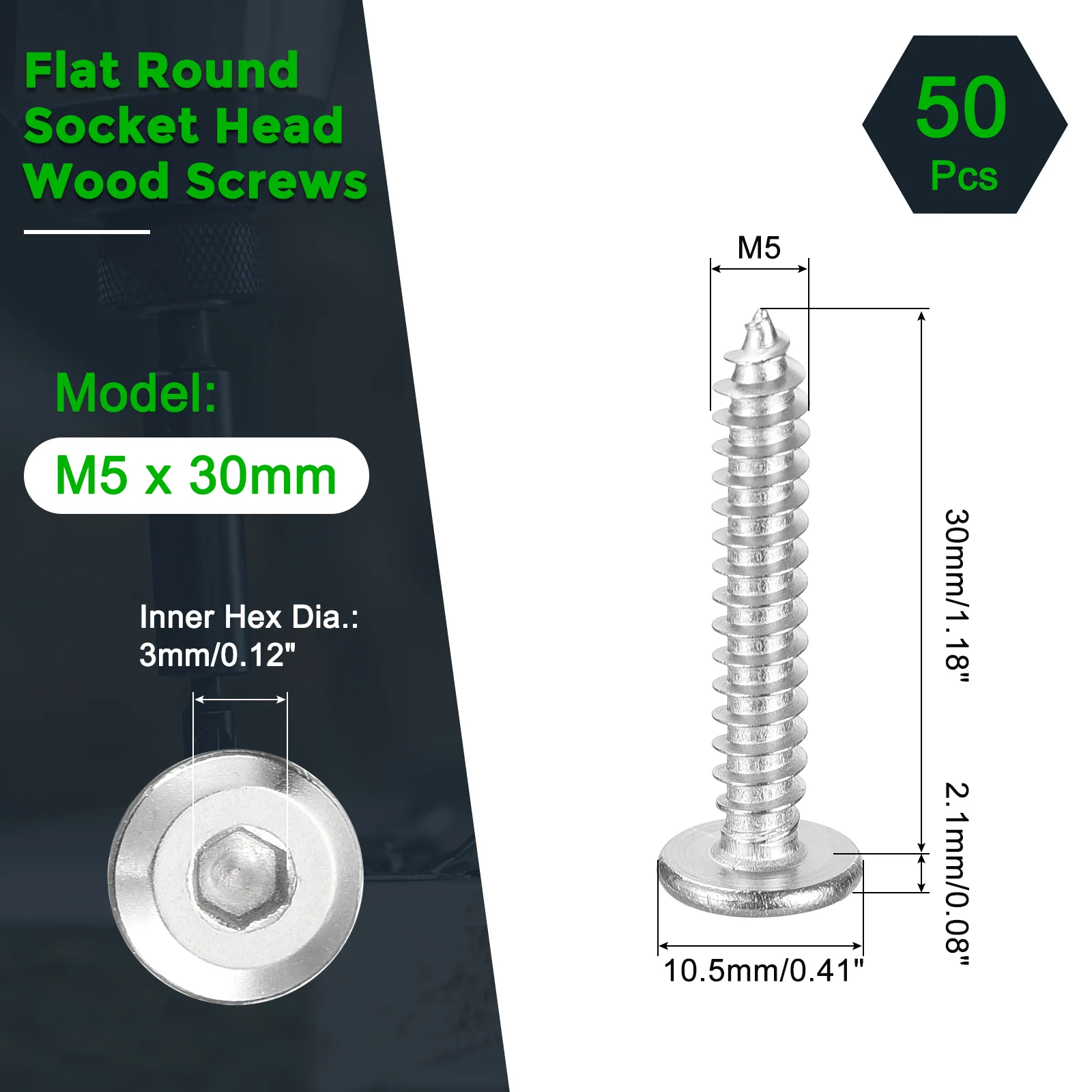 Uxcell M5 x 30mm (50 Pack) 304 Stainless Steel Flat Round Socket Head Wood Screws - Image 2