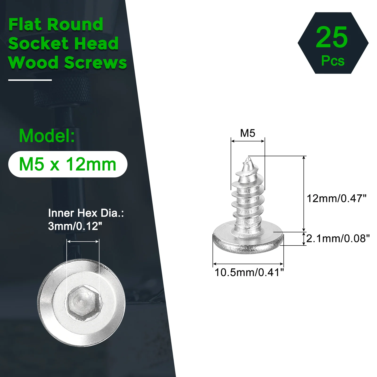 Uxcell M5 x 12mm (25 Pack) 304 Stainless Steel Flat Round Socket Head Wood Screws - Image 2