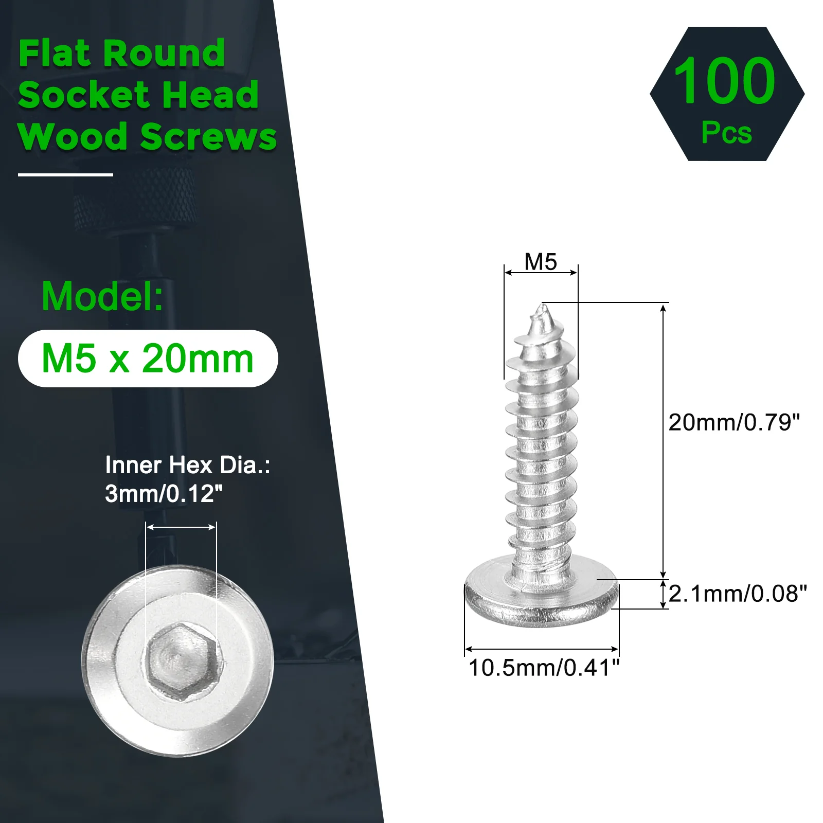 Uxcell M5 x 20mm (100 Pack) 304 Stainless Steel Flat Round Socket Head Wood Screws - Image 2