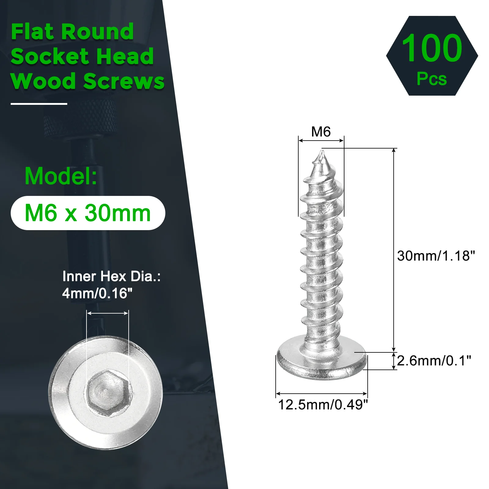 Uxcell M6 x 30mm (100 Pack) 304 Stainless Steel Flat Round Socket Head Wood Screws - Image 2
