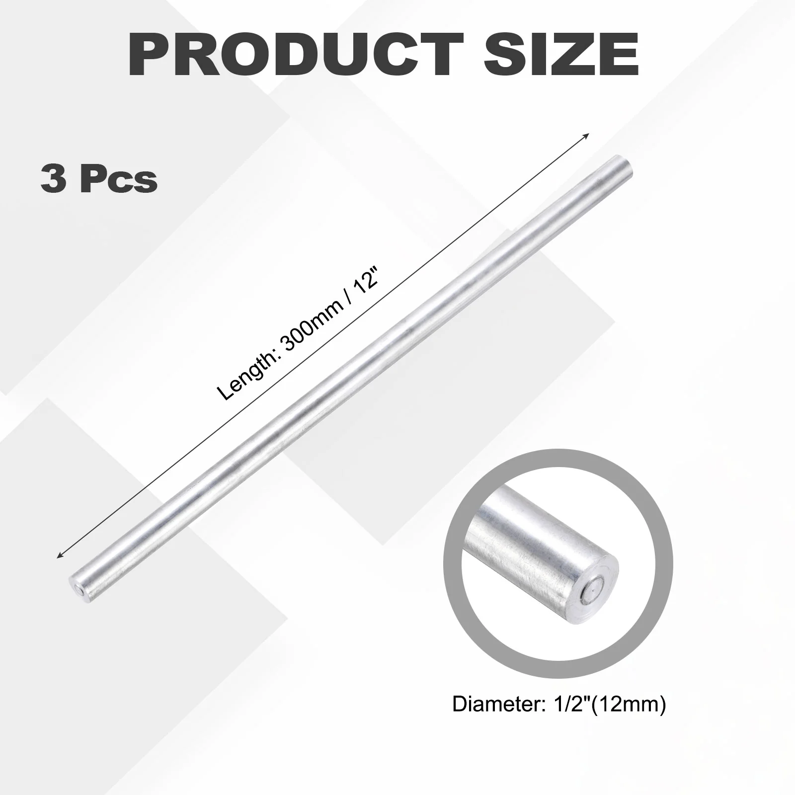 3 Pcs Aluminum Rod 12mm x 300mm 6061 Solid Stick (Silver Tone) - Image 2