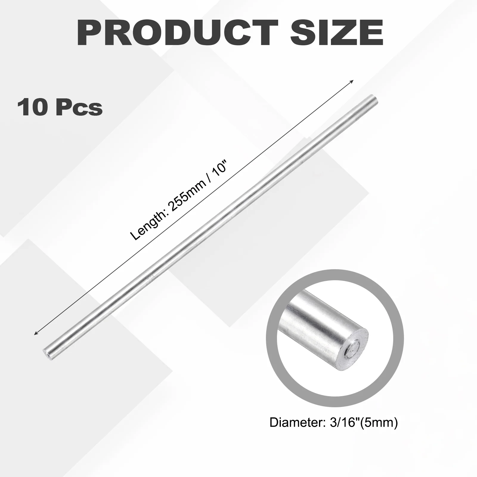 10 Pcs Aluminum Rod 5mm x 255mm 6061 Solid Stick (Silver Tone) - Image 2