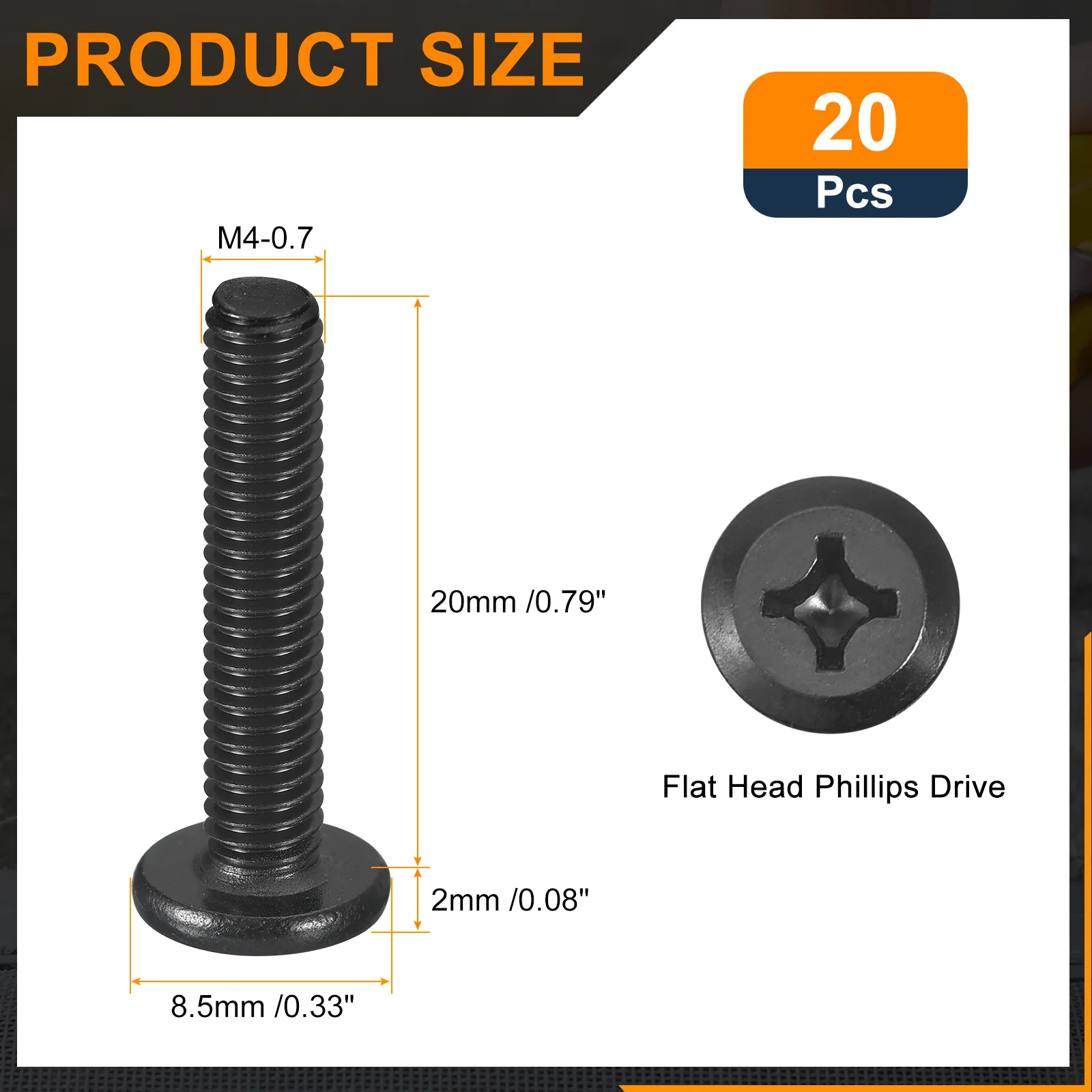 Uxcell 20Pcs M4-0.7 x 20mm Flat Round Head Machine Screws, Phillips Drive Fastener - Image 2