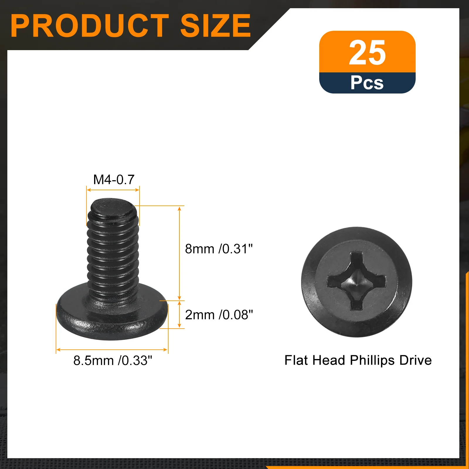 Uxcell 25Pcs M4-0.7 x 8mm Flat Round Head Machine Screws, Phillips Drive Fastener - Image 2