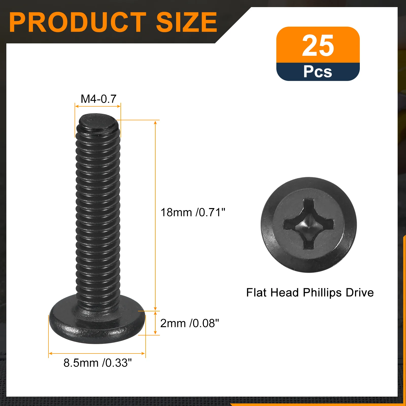 Uxcell 25Pcs M4-0.7 x 18mm Flat Round Head Machine Screws, Phillips Drive Fastener - Image 2