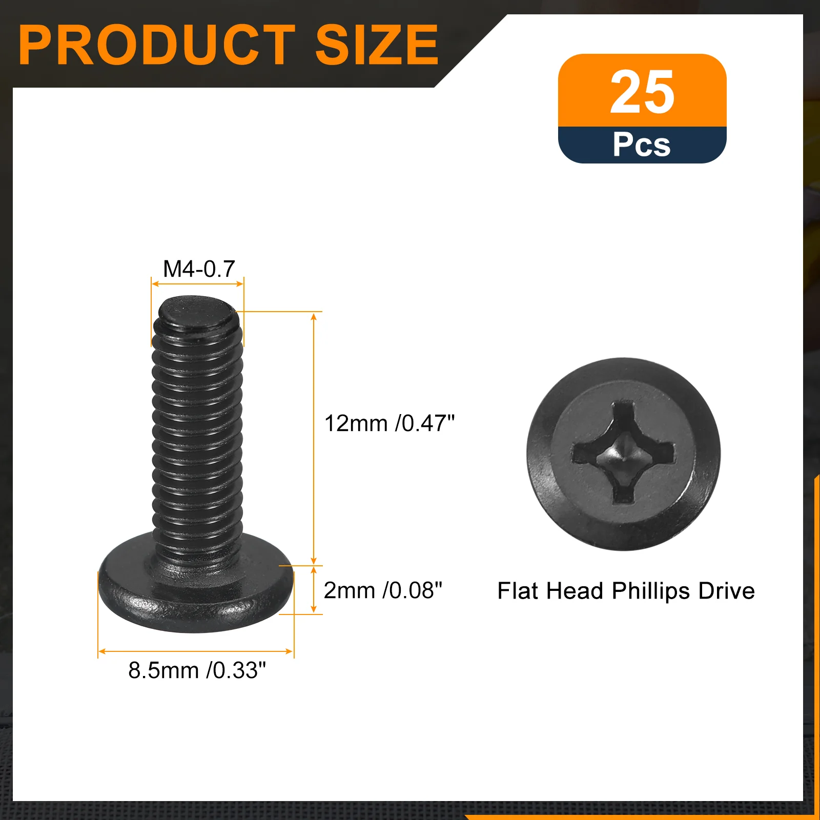 Uxcell 25Pcs M4-0.7 x 12mm Flat Round Head Machine Screws, Phillips Drive Fastener - Image 2