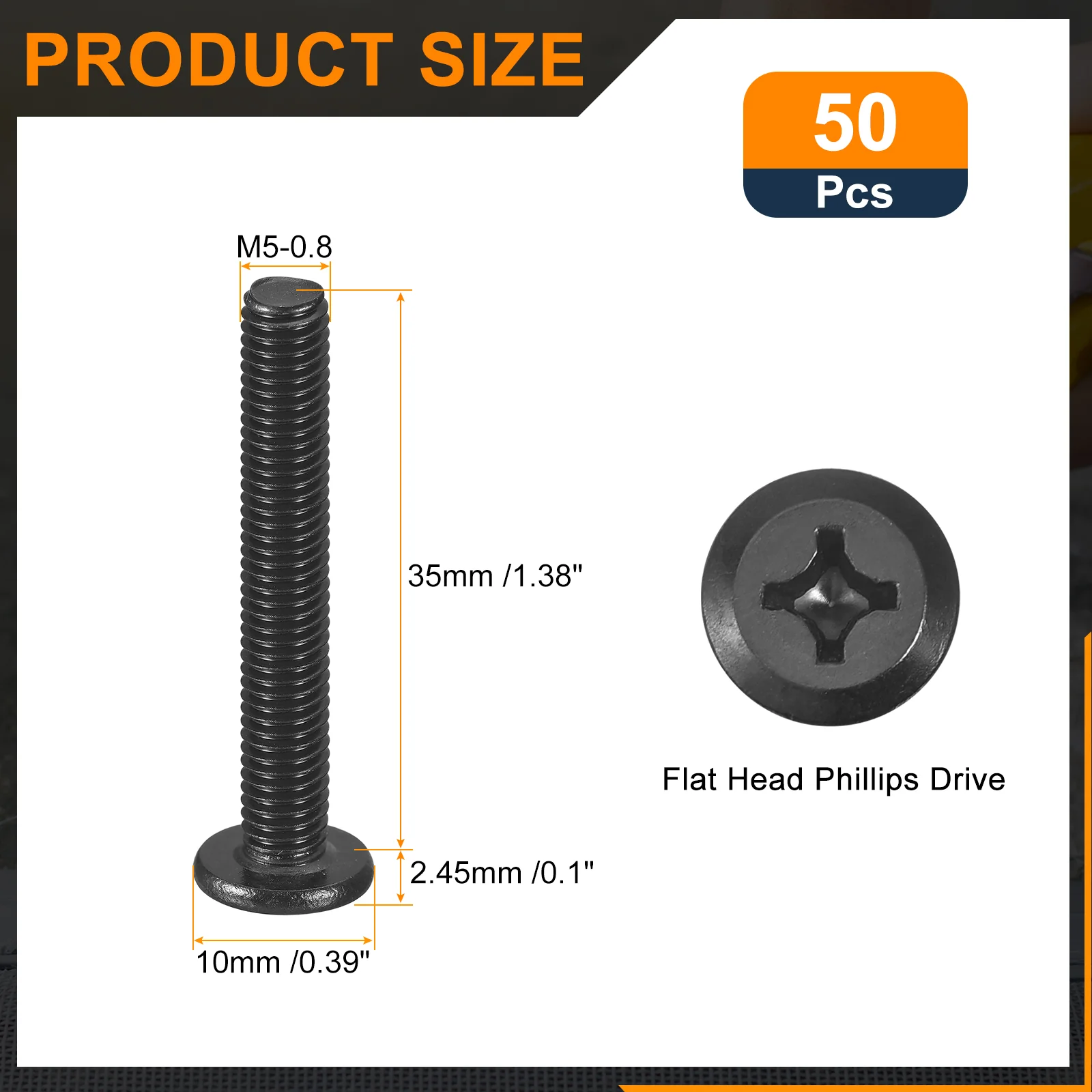 Uxcell 50Pcs M5-0.8 x 35mm Flat Round Head Machine Screws, Phillips Drive Fastener - Image 2