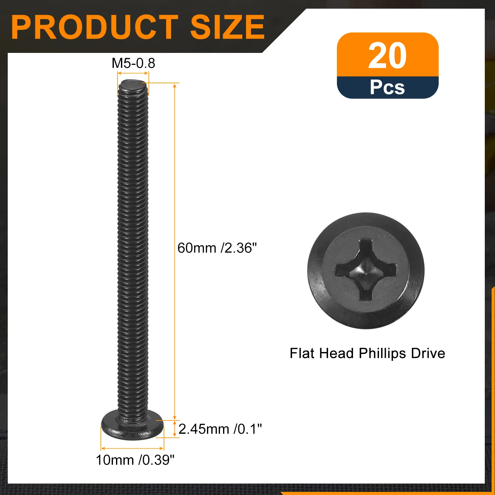 Uxcell 20Pcs M5-0.8 x 60mm Flat Round Head Machine Screws, Phillips Drive Fastener - Image 2