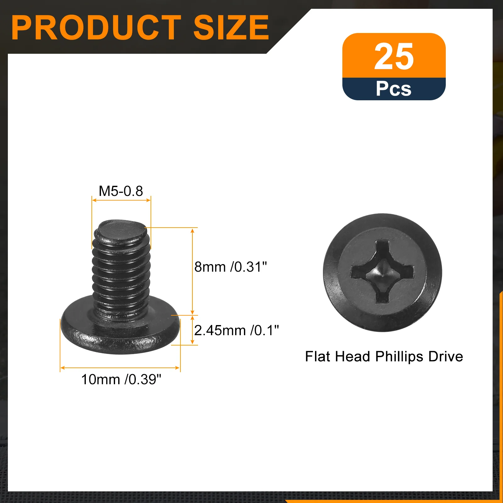 Uxcell 25Pcs M5-0.8 x 8mm Flat Round Head Machine Screws, Phillips Drive Fastener - Image 2